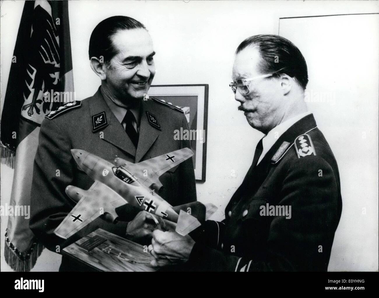 Jun. 06, 1970 - Visit of the commander-in-chief of the Swiss Air Force to Bonn: The Swiss chief corps commander Dr. Eugen Studer (l.) has been given a model of a Me 262 (first jet-fighter in the world) by the Chief of Staff of the Federal Air Force, lieutenant general Johannes Steinhoff, in memory of his visit to the Federal Republic of Germany. The guest from Switzerland stayed in the Federal Republic of Germany for some days, on invitation of lieutenant general Steinhoff and there inspected units of the Federal Air Force. Stock Photo