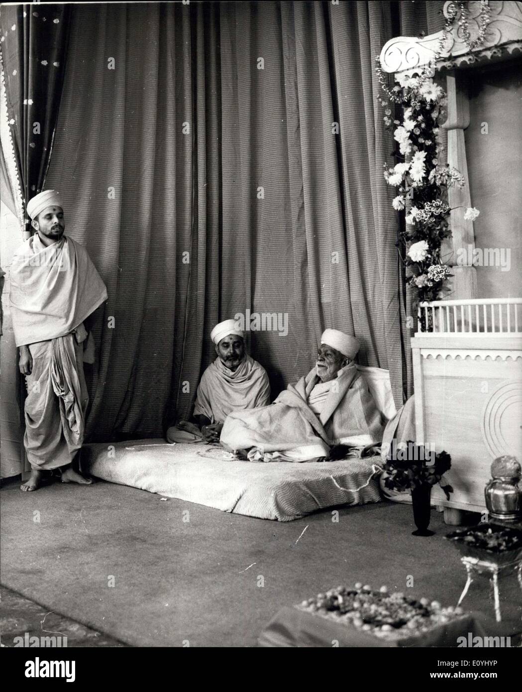 Jun. 15, 1970 - Hindu Holy man opens temple in London. Photo shows His Supreme Highness Shri Yogiji Maharaj, aged 80 preparing to open a Hindu temple at Yogi Hall, Shree Swaminarayan Temple, in Elmore Street, Islington, London, yesterday. The andhu flew from India with twelve priests for the ceremony, to which women were not allowed. They were accomodated in a separate room. Stock Photo