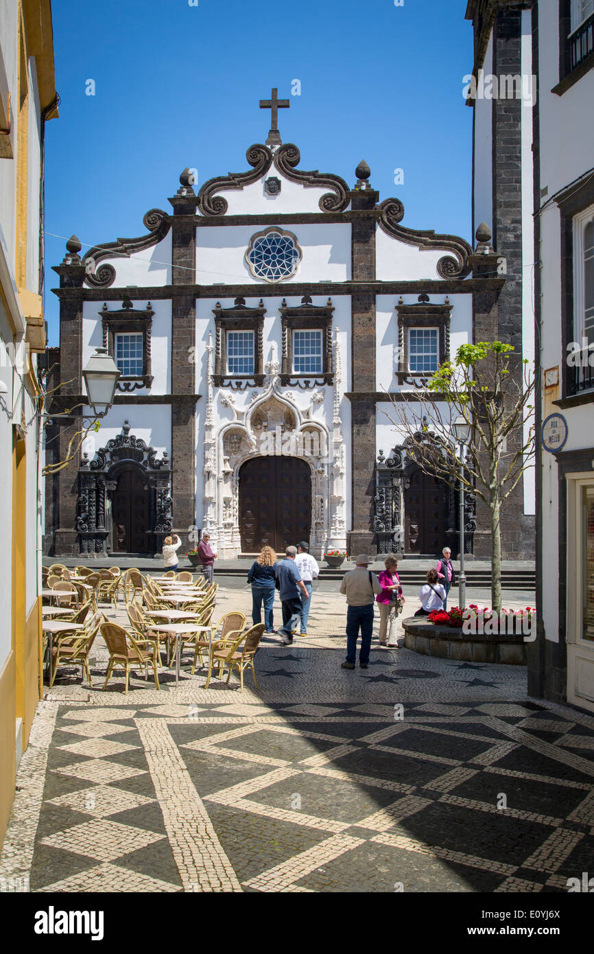 Tourists below the Church of Saint Sebastian in Ponta Delgada, Azores, Portugal Stock Photo