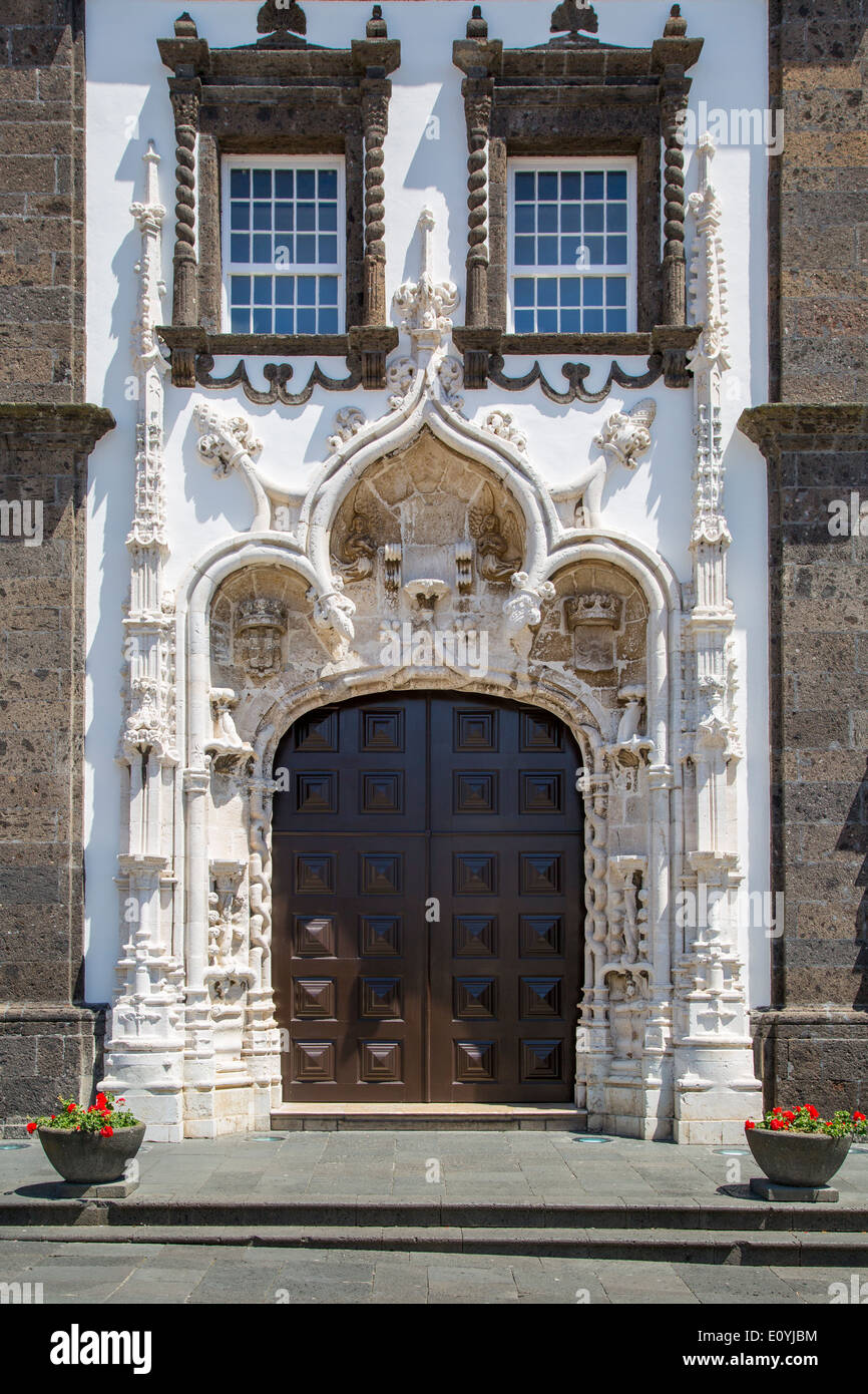 Front door to the Church of Saint Sebastian in Ponta Delgada, Azores, Portugal Stock Photo