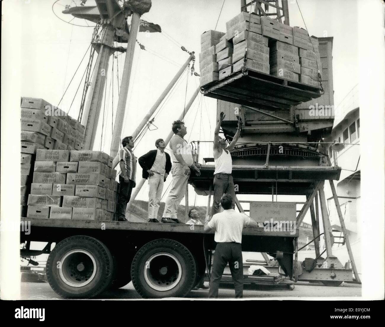 Jul. 07, 1970 - Dock Strike In Its Tenth Day: A volunteer force of dockers unloading bananas at Newhaven, Sussex, yesterday. The men agreed to handle the fruit provided their wages were paid to a charity. Stock Photo