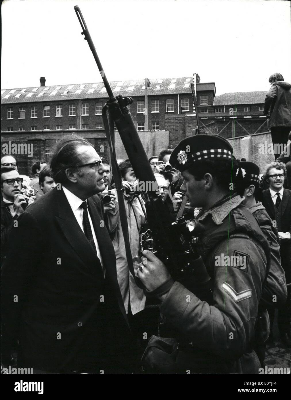 Jul. 07, 1970 - Mr. Maudling in Belfast : photo shows Mr. Reginald Maudling, the home secretary, gets a first-hand view of the ulster problem,, as he talks to troops in a depet off the falls read area of Belfast. Stock Photo