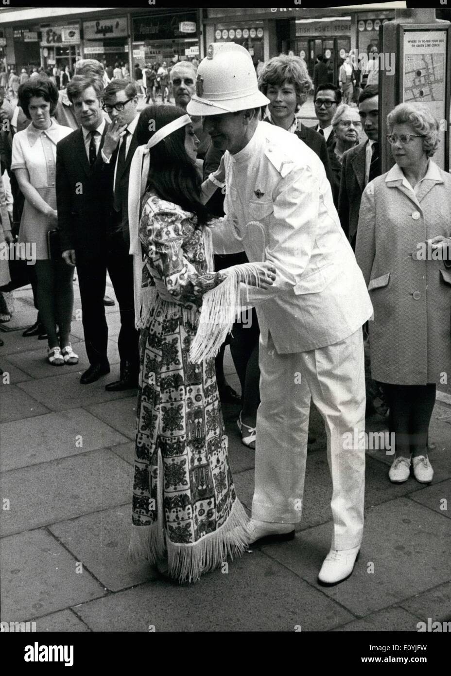 Jul. 07, 1970 - The dancing Policeman in London.: As part of the British European Airways ''Fly East'' programme a Yugoslavian Policeman is on a courtesy visit to London. He is one of the leading male dancers in the Belgrade Ballet Company. Standing 6ft 6in in his dress uniform (complete with pith helmet) he today realised an ambition to direct London's traffic ballet style Stock Photo