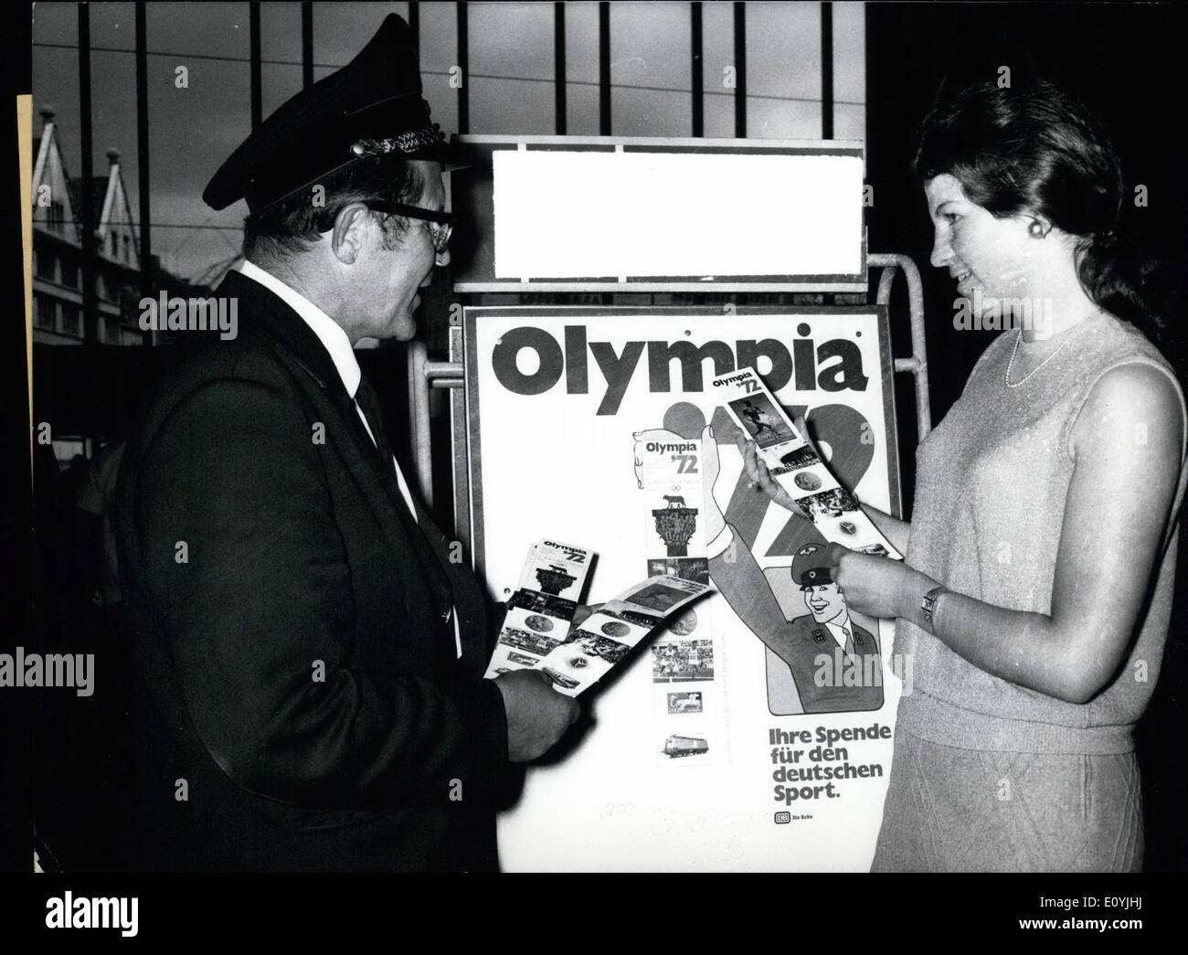 Jul. 07, 1970 - German Federal Railway Campaigning For Olympia 72: The German Federal Railway has decided to do its part in order to help popularizing Olympic ideals and at the same time raising additional funds for the 19721 Olympic Games in Munich. Up to the end of 1971 all railway booking offices will sell picture series with Olympic themes at 2 -- D-marks each, the net profit of which will got to the German Olympic Committee Stock Photo