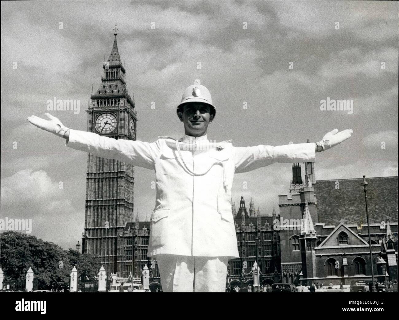 Jul. 22, 1970 - July 22nd, 1970 Yugoslavian Dancing Policeman in London. As part of the British European Airways Fly East programme, a Yugoslavian policeman is on a courtesy visit to London. He is one of the leading male dancers in the Belgrade Ballet Company. Standing 6ft 6in in his dress uniform (complete with pith helmet) he today realized an ambition to direct London's traffic in ballet style. He is 34-year old Jovan Bulj, from Belgrade, and while on point duty back home, he amuses motorists and pedestrians with his ballet movements Stock Photo
