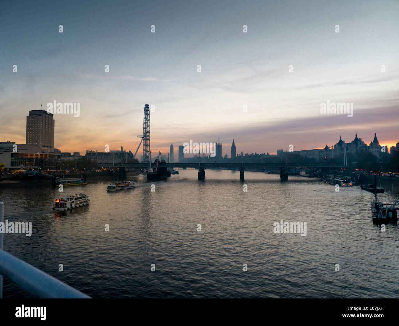 UK, England, London, Millenium Wheel skyline sunset Stock Photo