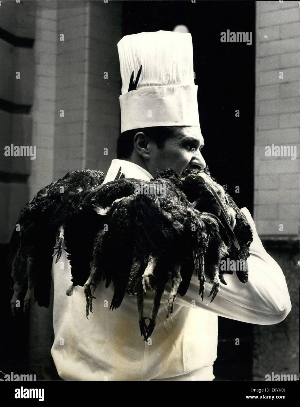 Aug. 08, 1970 - The glorious twelfth. Grouse at the Savoy. Photo shows Vladimir Piccoli, the Grill Chef at the Savoy Hotel carries in grouse today the Glorious Telfth opening of the grouse season. Stock Photo