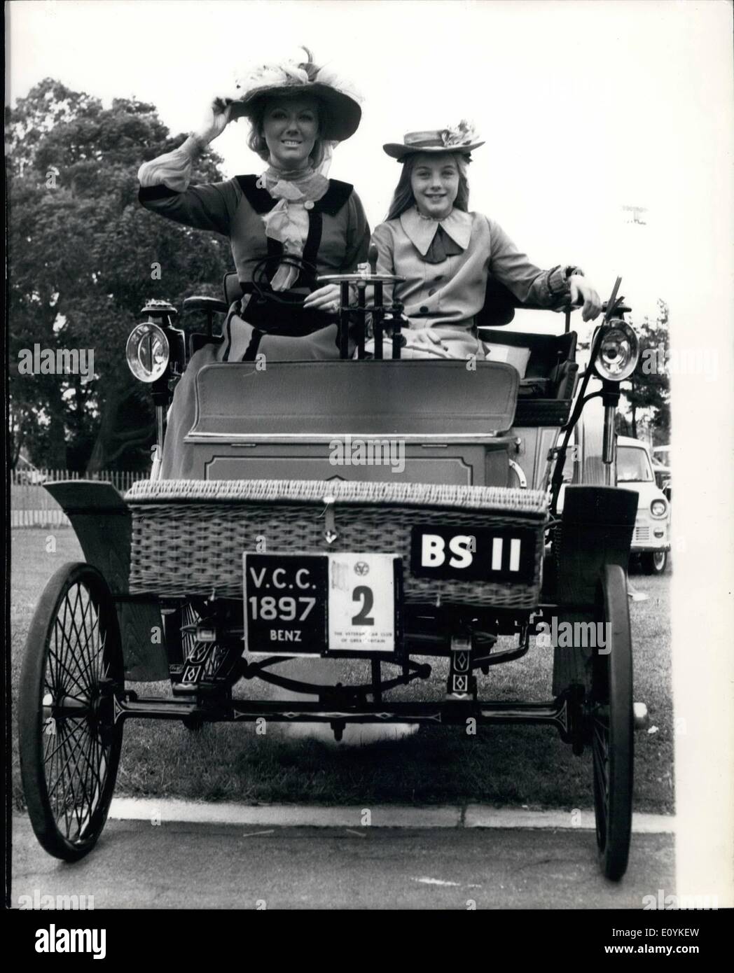 Aug. 08, 1970 - The eighth London veteran car rally at crystal palace. Photo shows competitors suitably attired for today's rally were Mrs Pamela Reynolds, and her daughter Vivien, age 11, from Kensington, seen seated in their 1897 Benz, at Crystal Palace today. Stock Photo