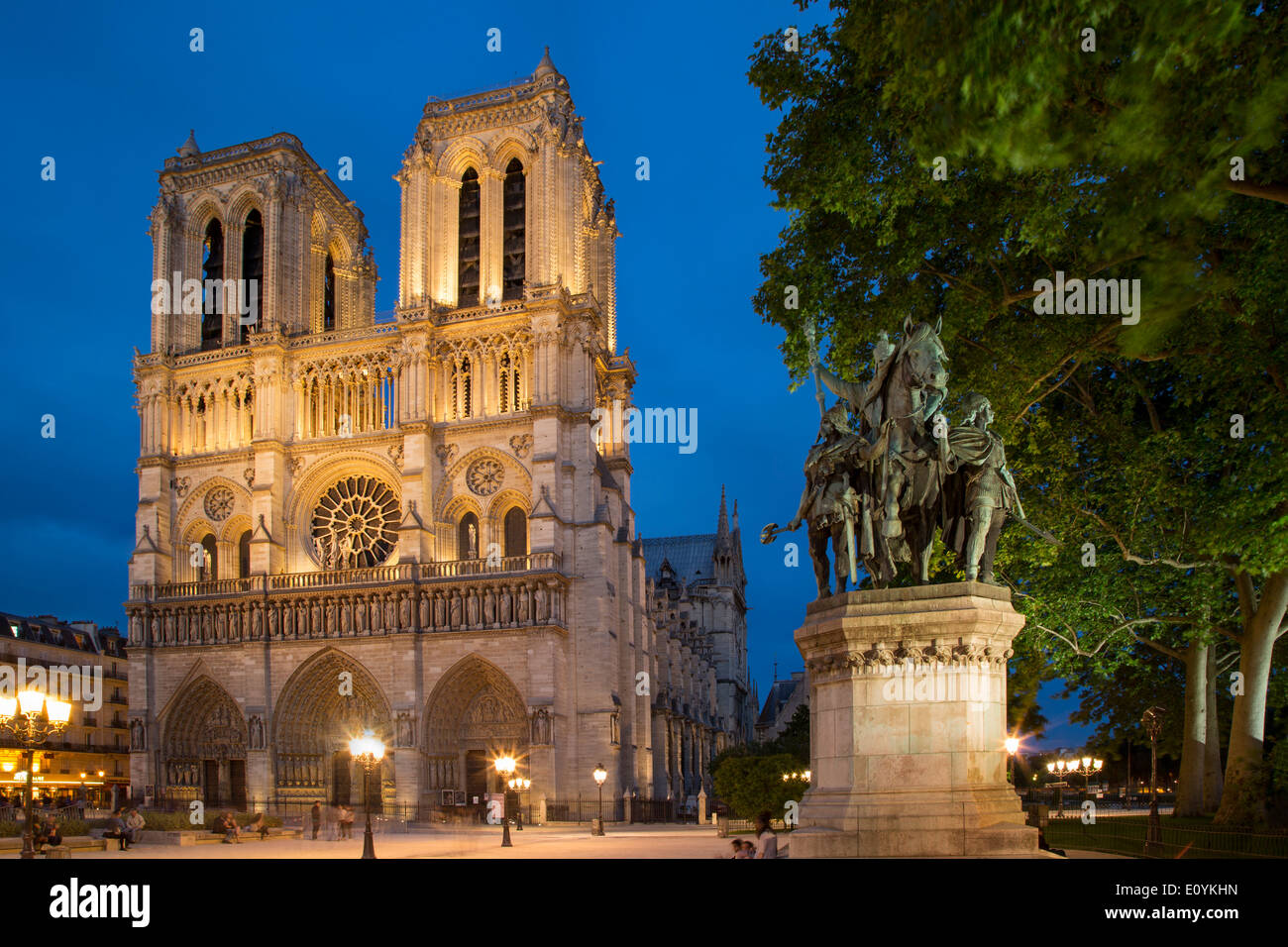 Charlemagne statue below the front facade of Cathedral Notre Dame, Paris France Stock Photo