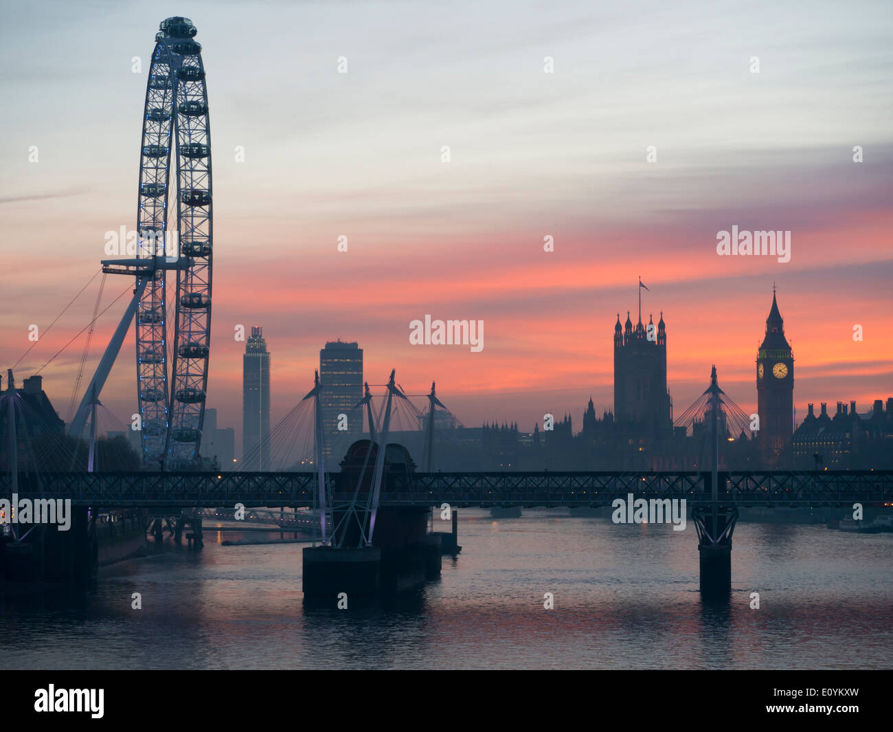 UK, England, London, Millenium Wheel BB skyline sunset Stock Photo