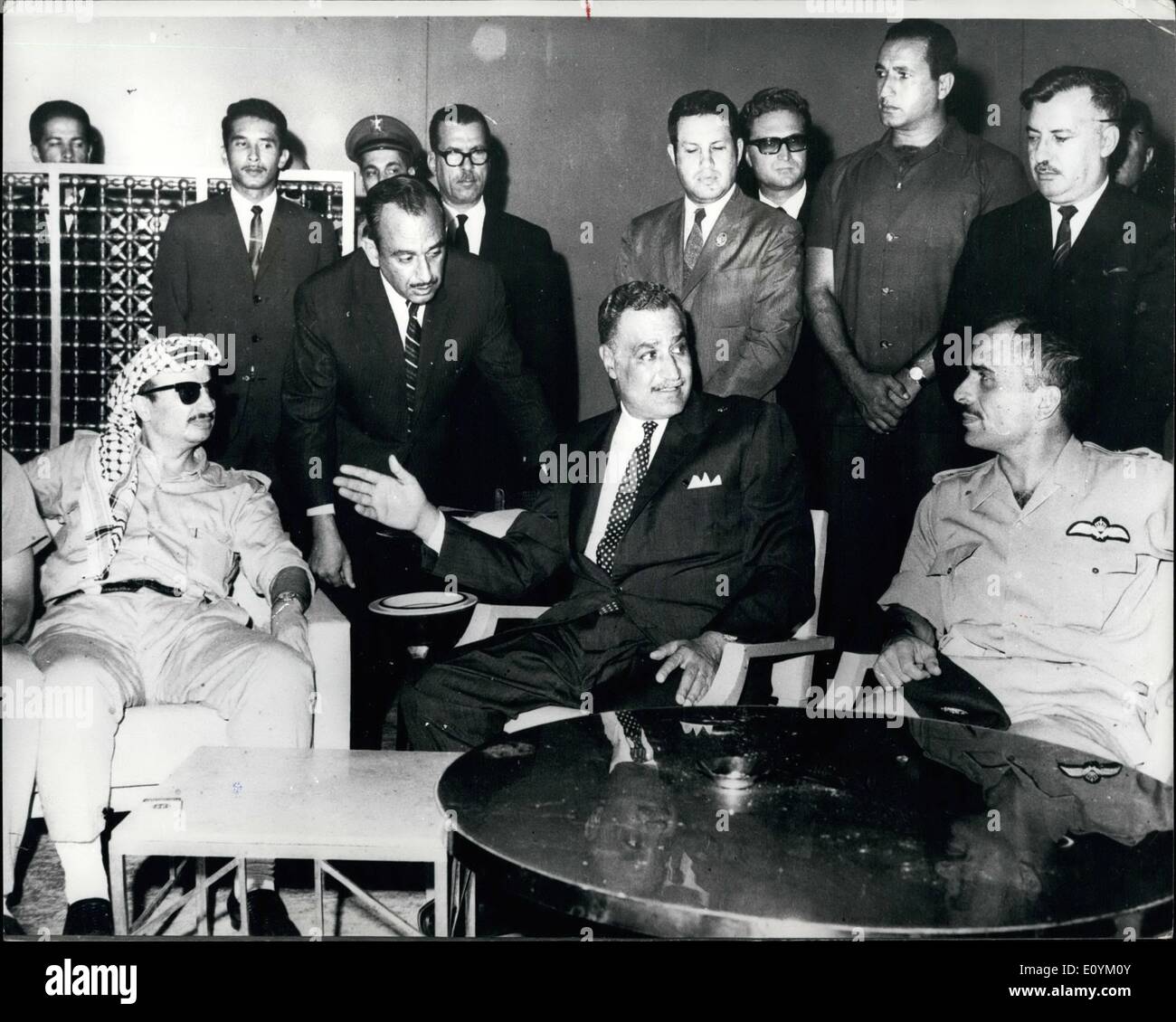 Sep. 09, 1970 - Death of President Nasser One of the Last Pictures - President Nasser, Who Had been president of Egypt Since 1956, Died of a Heart Attack on Monday at the age of 52. Photo Shows:- A Historic Picture Taken During The Meeting Held at the Hilton Hotel in Cairo Showing President Nasser in Centre, with King Hussein of Jordan, on right, and Yasser Arafat, the Palestine Guerrilla Leader, on left. Stock Photo