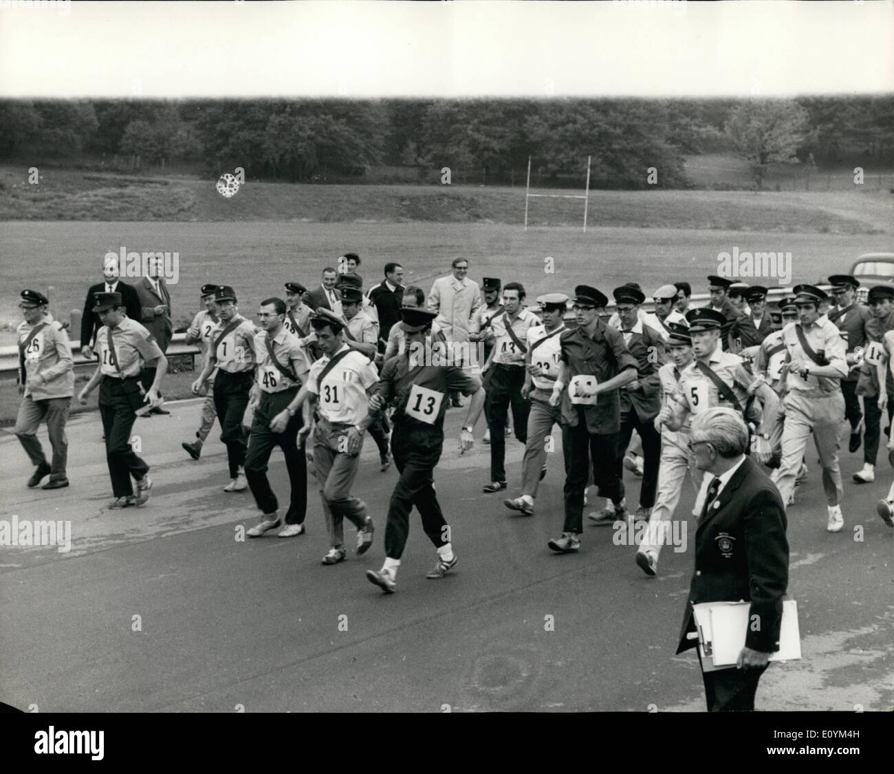 Sep. 09, 1970 - International Postmen's Road walking Championships at Crystal Palace Sports Centre.: The last European Postman's Walk. to be staged under the present rules -which stipulates that each walker must wear his uniform and carry a mailbag - took place today at the Crystal Palace National Sports Centre. In future Walks competitors will be allowed to wear athletic kit. Six countries took the track for today's event - the first to be staged in in Britain. They are Belgium, Germany, Hungary Italy, Switzerland and Britain Stock Photo