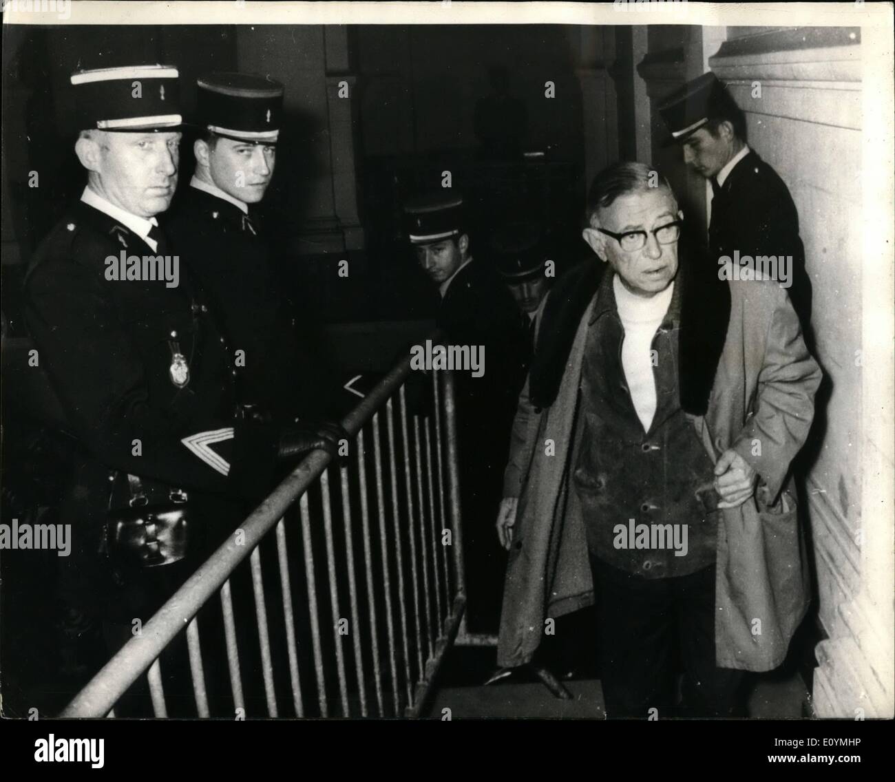 Oct. 10, 1970 - Alain Geismar Trial Opens In Paris: The trial of Alain Geismar, the Maoist leader charged with provoking violence, opened in Paris on Tuesday (Oct. 20). Thousands of police patrolled the streets as the trial began, near the Palais de Justice where the case is being heard. Photo shows The philosopher Jean-Paul Sarte, who attended the trial on Tuesday seen arriving. He is expected to be called as a defense witness during the three-day hearing. Stock Photo