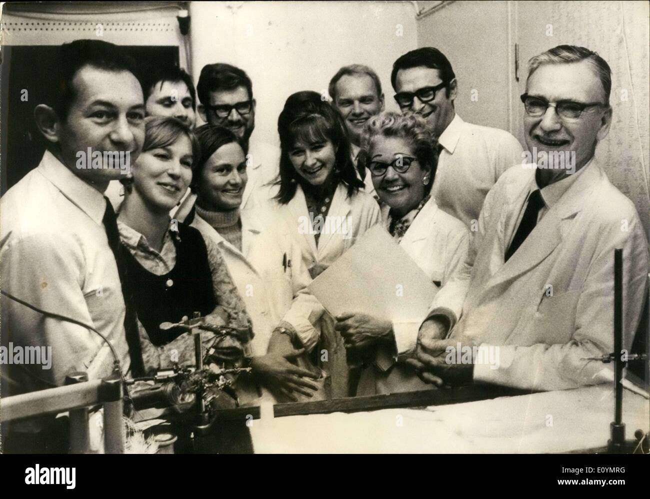 Oct. 17, 1970 - Professors at the Karolinska Institute in Stockholm just have out the Nobel Prize in Medicine & Physiology to three professors: Dr Julius Axelrod (USA), Dr. Sir Bernard Katz (Great Britain), and Dr. Ulf Von Euler (Sweden). Euler is pictured surrounded by his students and collaborators. Stock Photo