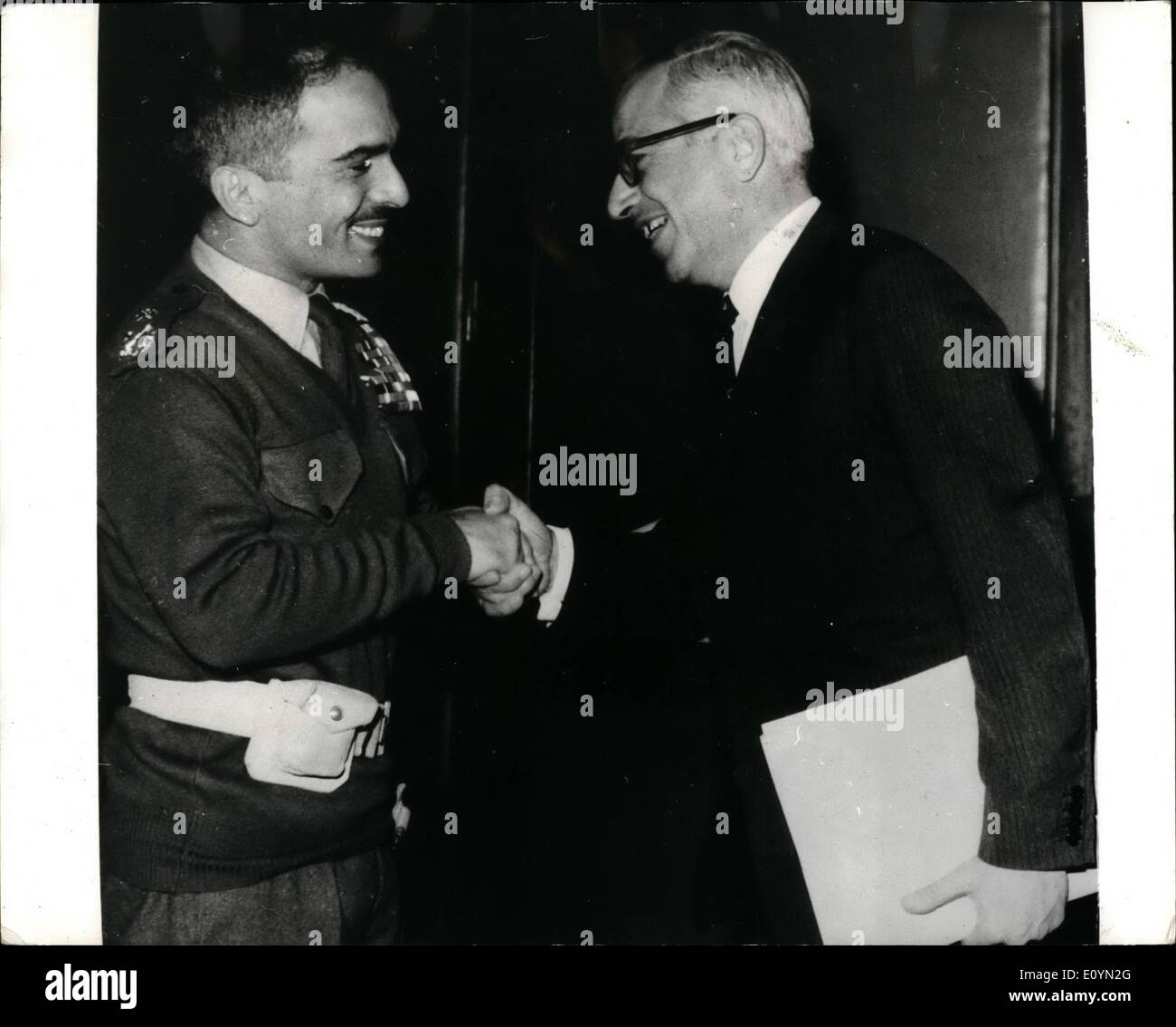 Nov. 07, 1970 - November 7th, 1970 King Hussein greets his new Foreign Minister. Photo Shows: King Hussein shakes hands with Mr. Abdullah Salah after he had been sworn in as Jordan's new Foreign Minister during a ceremony at the Royal Palace in Amman. Mr. Salah was formerly Jordan's Ambassador in Paris. Stock Photo