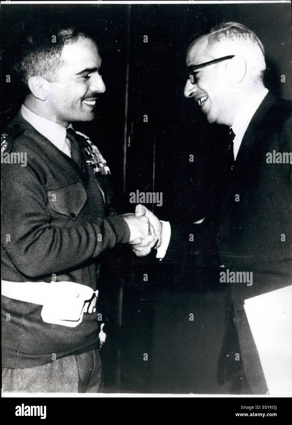 Nov. 11, 1970 - King Hussein greets his new Foreign Minister: Photo Shows King Hussein shakes hands with Mr. Abdullah Salah after he had been sworn-in as Jordan's new Foreign Minister during a ceremony at the Royal Palace in Amman. Mr. Salah was formerly Jordan's Ambassador in Paris. Stock Photo