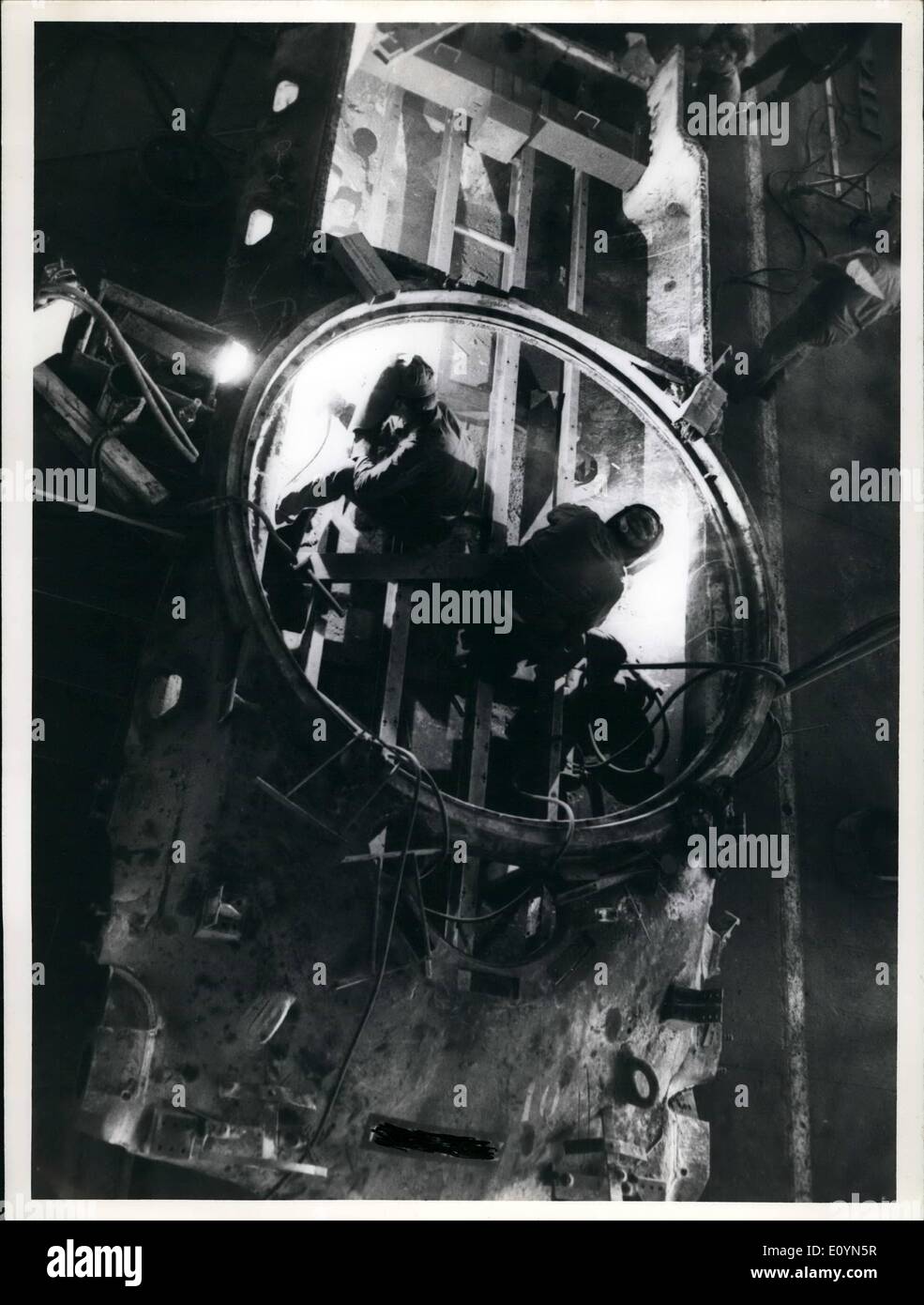 Nov. 11, 1970 - Israel Salvages Scrapped Tanks: Welding in the Interior of the body of a tank in the ''Valley of Junk'' plant. Stock Photo