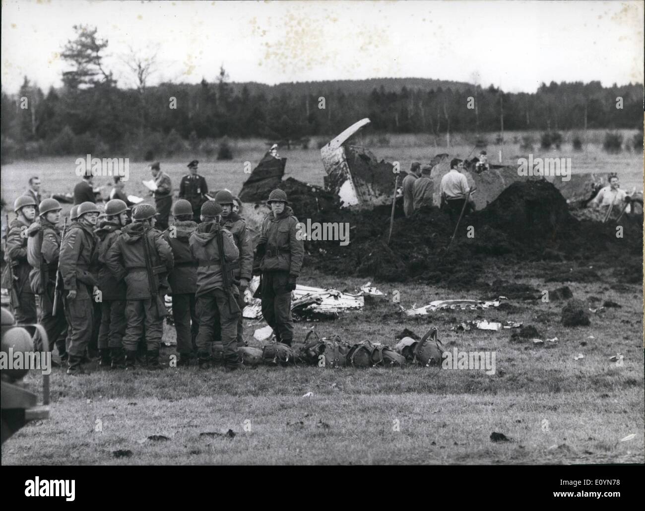 Nov. 11, 1970 - Five were killed in Noratlas-crash in Bavaria: Five soldiers of the Federal Defence Forces have been killed in a crash of an aircraft of the Federal Defence Forces, type ''Noratlas''. The aircraft which had started in Neubiberg near Munich (Germany) to Kaufbeuren, crashed idnto a swamp two kilometers southwest of Konigsdorf near Wolfratshausen. The cause of this crash, which happened on November 19th, 1970, is not known yet. The place of the crash. Stock Photo