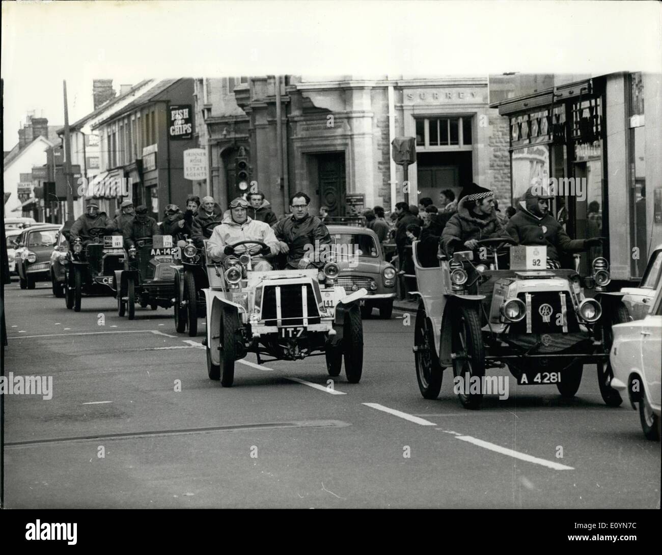 Nov. 11, 1970 - Veteran car run to Brighton; The annual Veteran Car run from London tod Brighton took place yesterday and here are some of the same nearly half way there as they pass through Redhill. The leading car is a 1901 Panhard Lavasser followed by a 1903 Darraqu a 1903 Napoleon and a 1903 Gladiator. Stock Photo