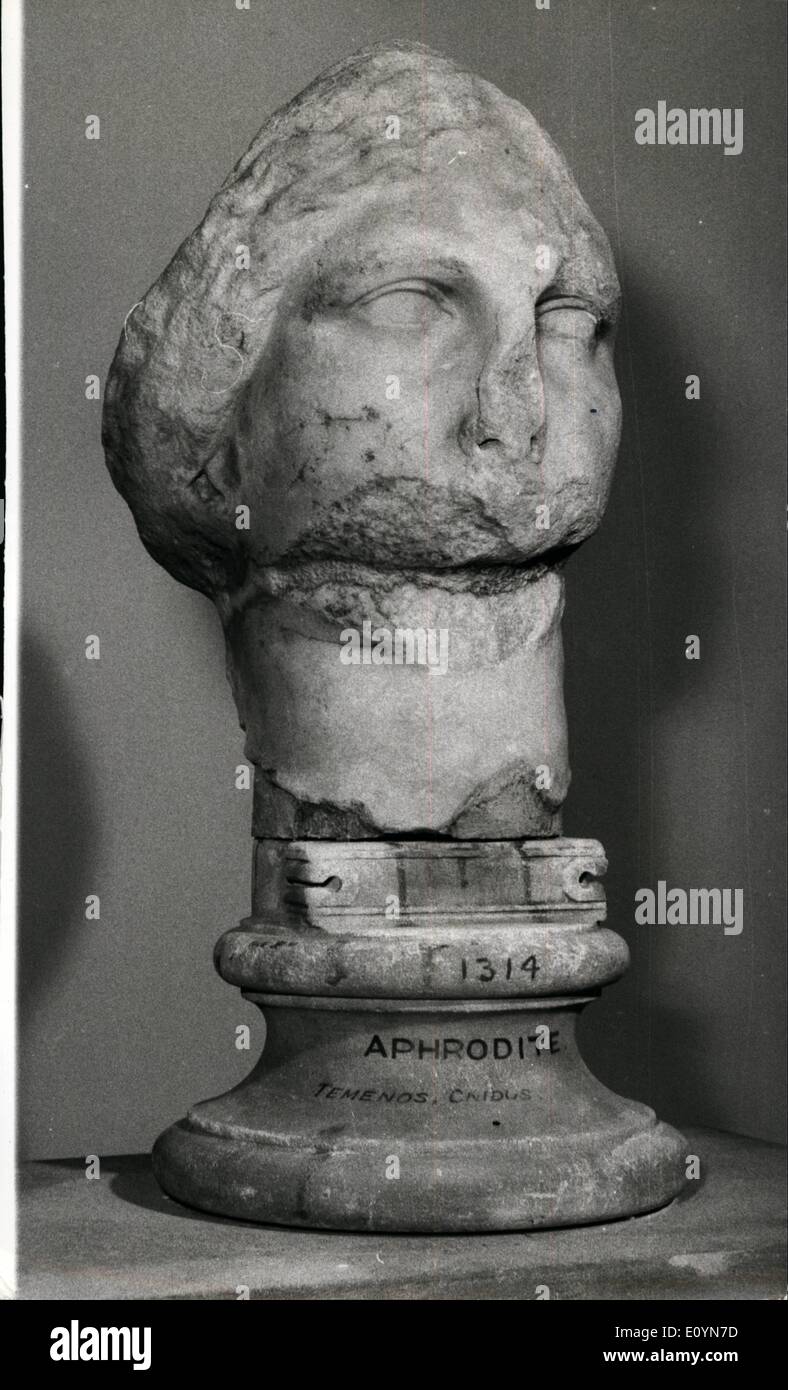 Nov. 11, 1970 - 'APHRODITE' FACES TEST OF IDENTITY: Scientific tests may be made in an attempt to identify the battered marble head at the British Museum, which Prof. Iris Love, an American archaeologist, claims is from a long-lost statue of Aphredite made by Praxiteles in the 4th century B.C. The problem is that Prof Love must find a large pieces of the original Aphrodite statue for comparative tests to be made. So far all she has found on the site of Aphrodite's Temple at Cnidus, Turkey, is a small part of an unidentified hand and forefinger Stock Photo