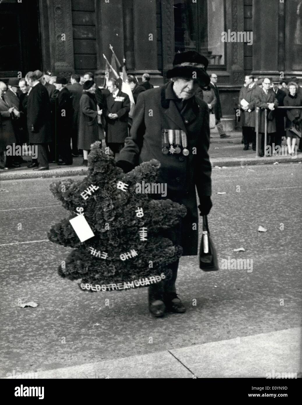 Nov. 11, 1970 - Cenotaph wreath in loving memory of Fred.: At 11 o'clock today, Fred Kemp, who went to glory on a Belgian battlefield 55 years ago, had his usual wreath laid on the Cenotaph by his window, Louisia, now in her 84th year, '' is the 11th hour of the 11th day of the 11th month''. And that was which she remembered her Grenadier guardaman who went out of her life 1915. In a sense, Louisia Kemp has never stopped looking after Fred. For 45 years, with a gap in the ;last war, she went to Belgium to tend his grave, and those of his comrade about it Stock Photo