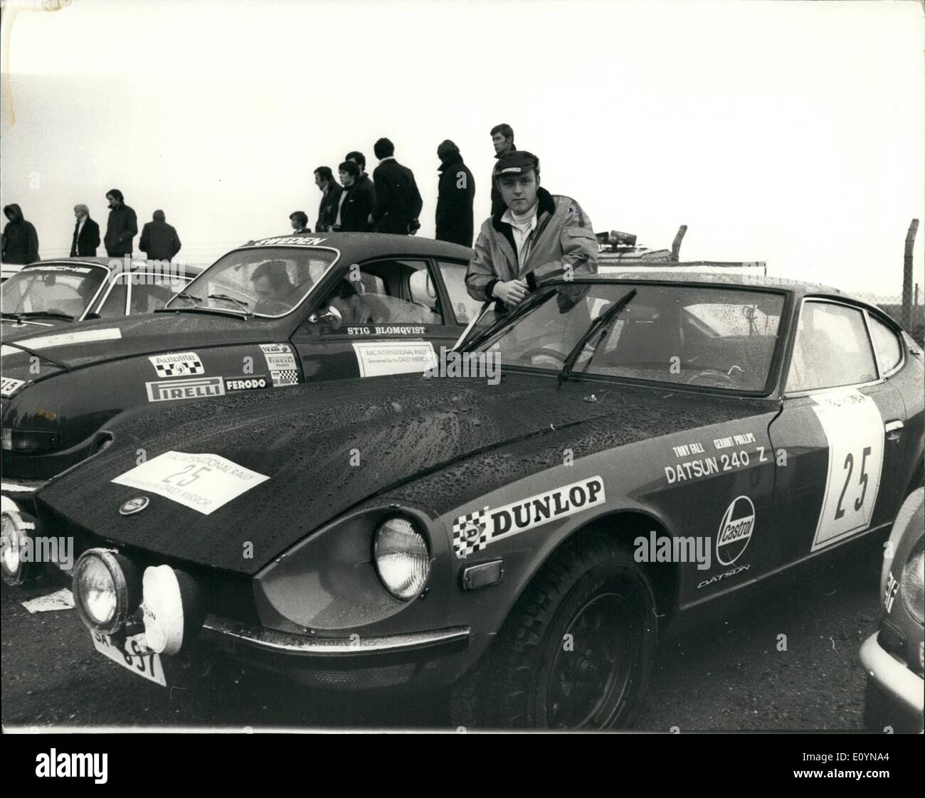 Nov. 11, 1970 - Start Of The RAC International Rally Of Great Britain - Centre Airport Hotel-Longford: The 2,300-mile RAC International Rally of Great Britain which is sponsored by the mirror start this morning from the Centre Airport Hotel, Longford. Many countries are taking part which include Germany, Japan, Sweden, France, Finland., Italy and East Germany. Photo Shows Tony Fall with his Dtsum 2402 before the start of the Rally. Stock Photo