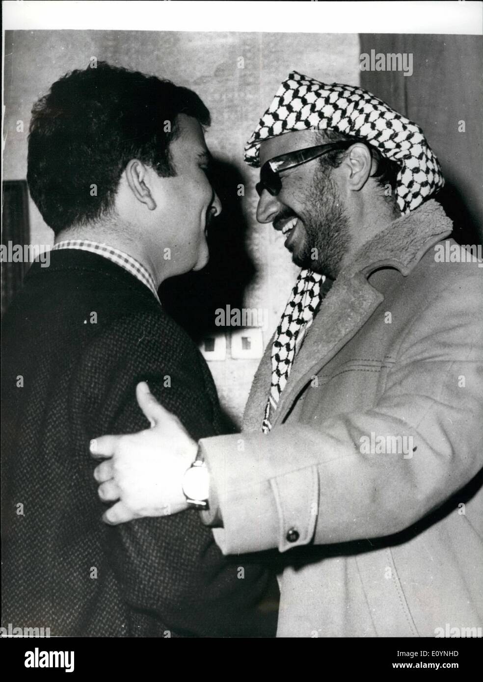 Dec. 12, 1970 - Agreement Reached: Photo shows Crown Prince Hassan of Jordan, is pictured on left, with Mr. Yaser Arafat, chairman of the central committee for the Palestine Liberation organisation, after reaching agreement in Amman recently on ending the latest clashes between the Jordan Army and Palestinian guerrillas. Stock Photo