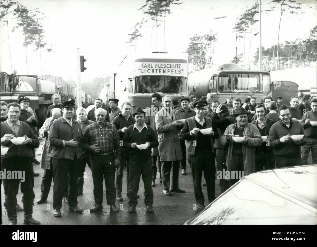 Dec. 12, 1970 - Long Delays At The Berlin Autobahn: Some of the trucks under way from Berlin to West Germany had to wait 14 hours before they were permitted by East German border police. Drivers who have waited since yesterday evening, at the Berlin border, were given a breakfast tea by the Red Cross. At noon, the West Berlin police handed out a free lunch. Stock Photo