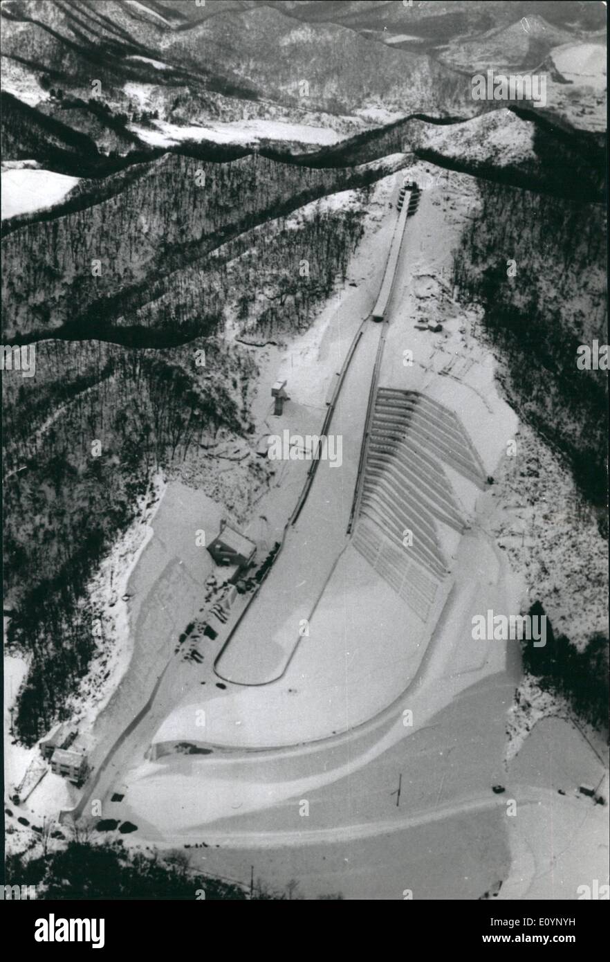 Jan. 01, 1971 - Sapporo, Japan - Site of '72 Winter Olympics The Okurayama 90-meter ski jump hill almost completed. It is one of the fourteen sports sites, and has facilities for 50,000 spectators. Over 22,000 square meters of earth was removed to build the jump. Stock Photo