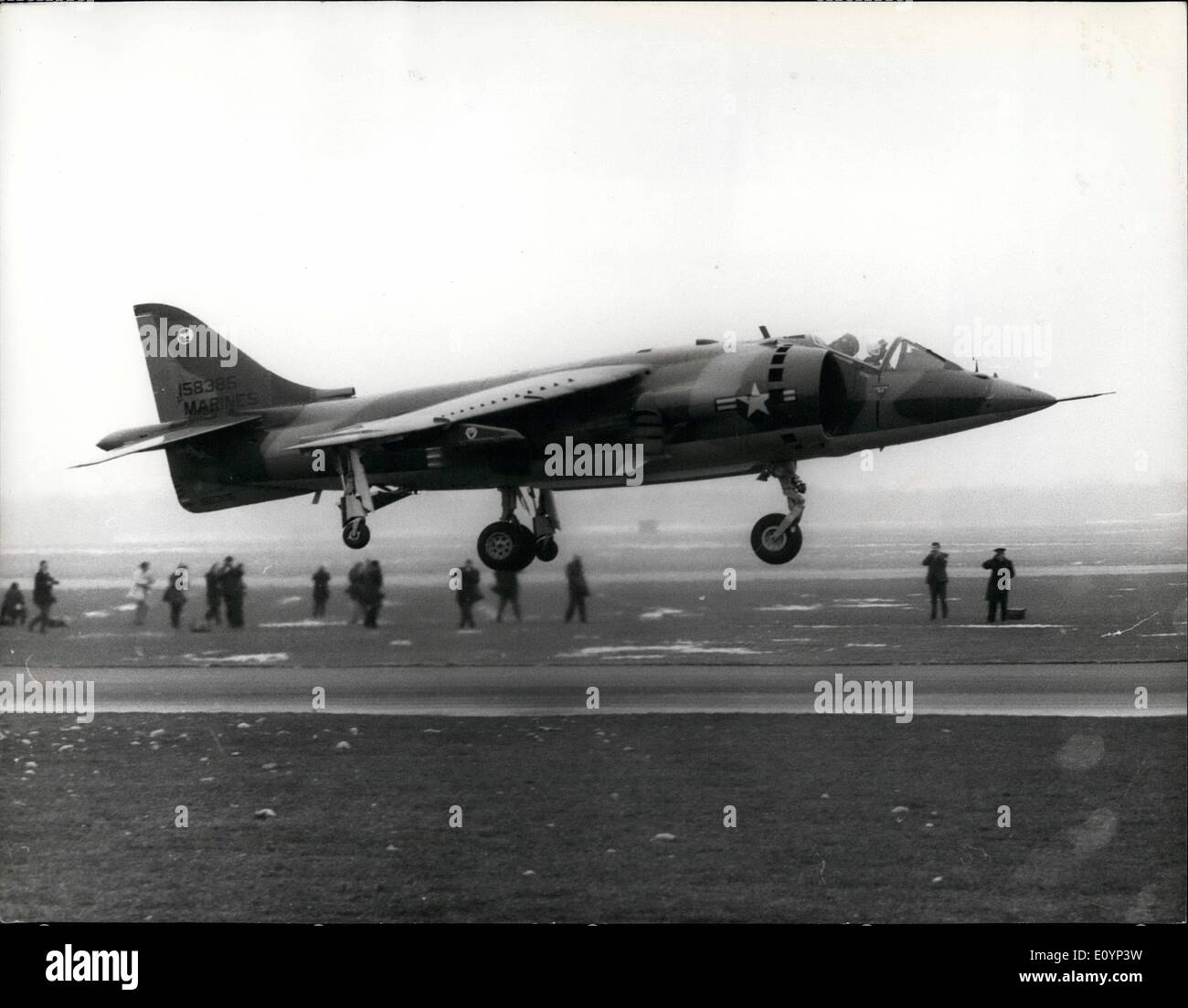 Jan. 01, 1971 - U.S. Marines Take Delivery of British Built Harrier. A Hawker Siddeley Harrier AV-8A vertical take off and landing strike aircraft, the first of 12 ordered for the United States Marine Corps, giving a demonstration flight at Dunsfold, Surrey, where it was handed over yesterday. It is the first time since the 1914-18 war that Britain has sold home built operational military aircraft to America. Stock Photo