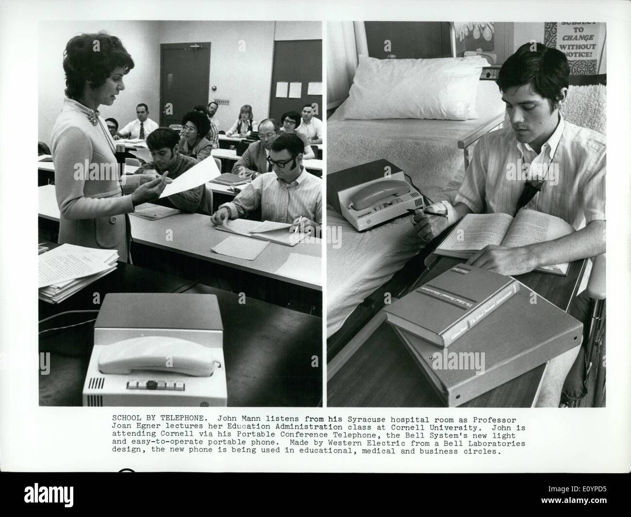Feb. 02, 1971 - School By Telephone: John Mann listens from his Syracuse hospital room as Professor Joan Egner lectures her Education Administration class at Cornell University. John is attending Cornell via his Portable Conference Telephone, the Bell System's new light and easy-to-operate portable phone. Made by Western Electric from a Bell Laboratories design, the new phone is being used in educational, medical and business circles. Stock Photo