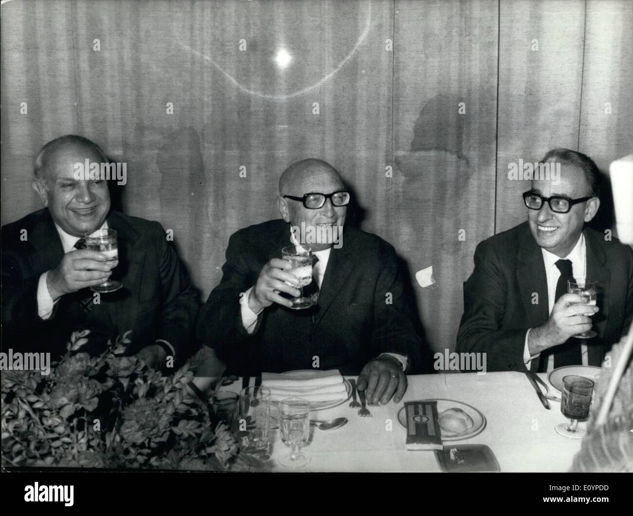 Feb. 02, 1971 - Pietro Nenni, the old leader of the Italian Socialism, was eighty years and the Direction of the PSI (Italian Socialist Party) celebrated him. Photo shows Pietro Nenni, (center) feasted by the Vice Prime Minister Francesco De Martino (left) and by Giacomo Mancini, secretary of the Party. Stock Photo