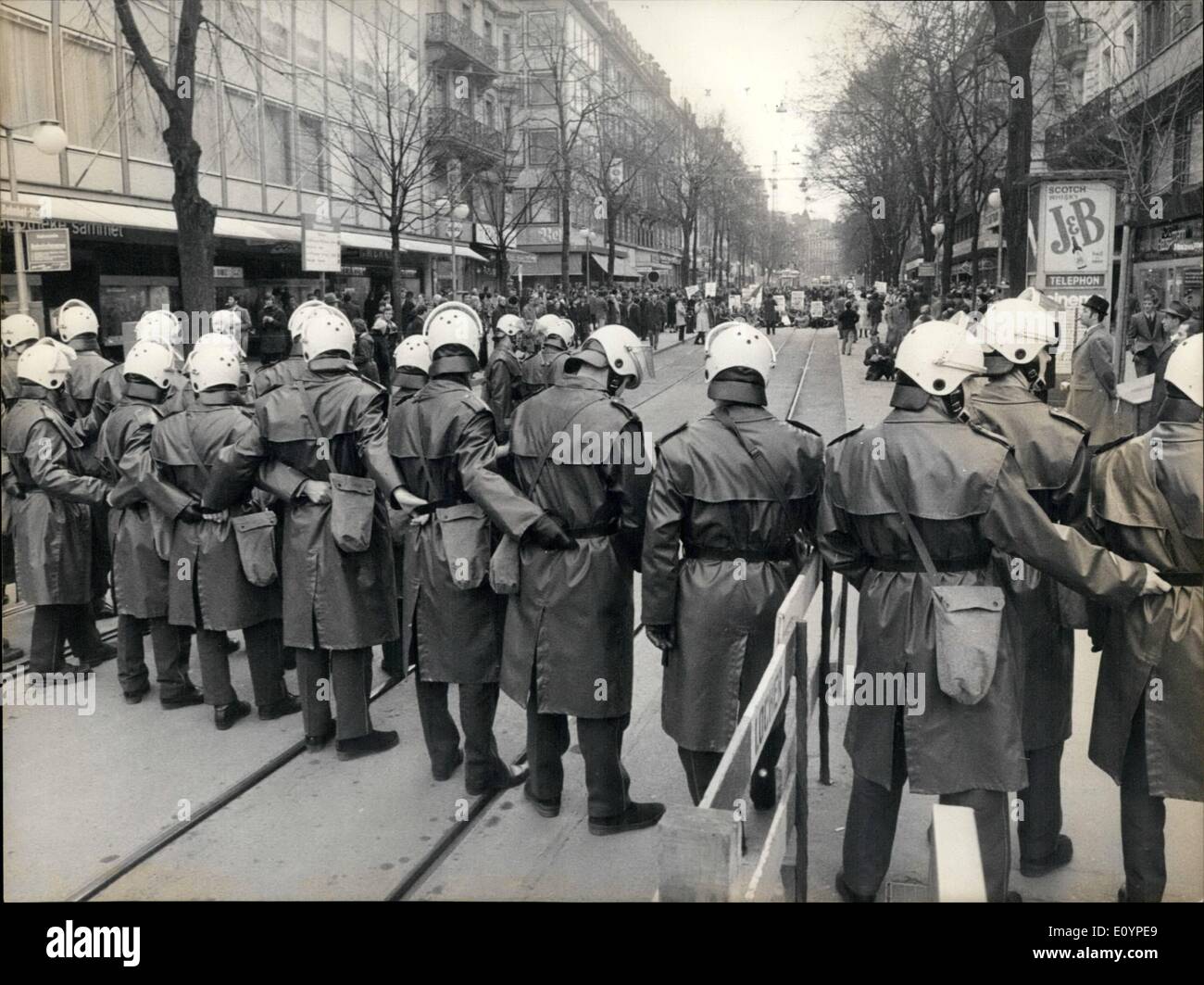 Feb. 02, 1971 - Zurich police using tear gas stopped young demonstrators demonstrating against brutality of the some police. Stock Photo