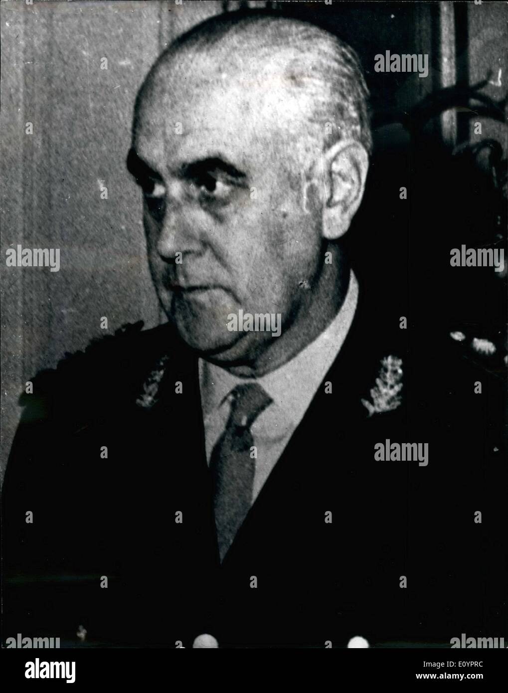 Mar. 03, 1971 - Argentina's Armed Forces overthrow President Roberto Levingston in Bloodless coup.: Argentines armed force overthrow. President Roberto Levingston is a bloodless coup in Buecoss Airce today and announced that a three-men military junta would run the country. The Army turned the tables on the President after he tried to fire arm-commander-in-chief and military junta leader Lt. General Alejandro anusse. Photo Shows General anusse the new strong an of Argentina. Stock Photo