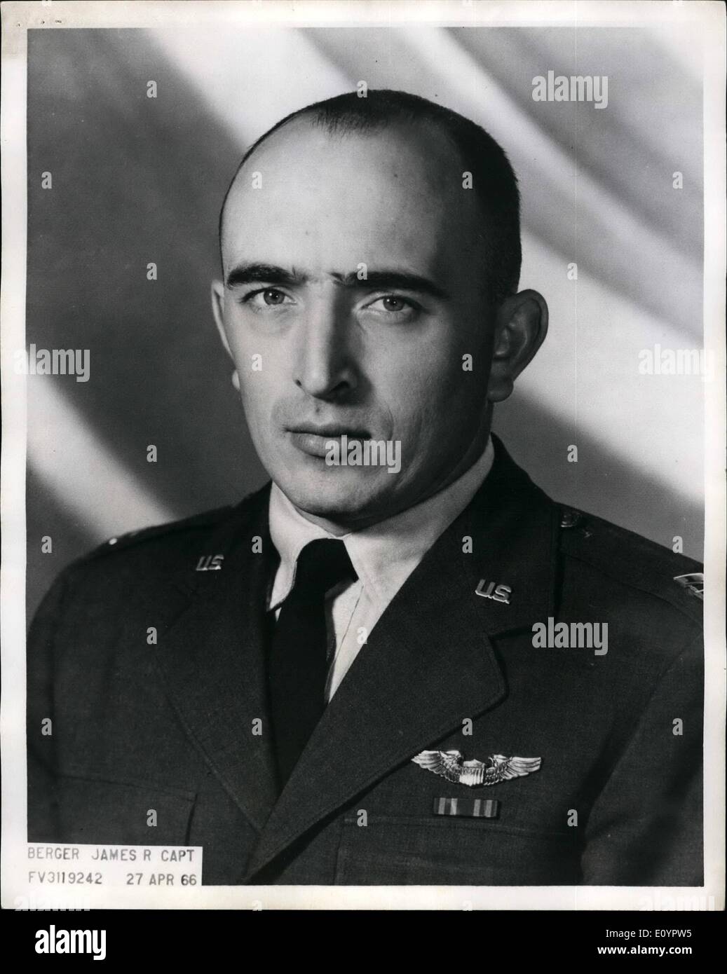 Mar. 03, 1971 - Captain James Robert Berger-U.S. Air Force-FV 3119242 originally from Richmond, Virginia. Born November 6, 1938, Graduated from Thomas Jefferson high school 1957, Graduated from VMI 1961, played in Band at TJ and VMI-Cheerleader at VMI attended Grove Avenue Baptist Church and sand in Choir in National guard for 2 year, wife, Carol, and 2 children-Billy, 7 , Scott, 5-live in Lexington, Virginia, His aunt. Mrs. Marie Williams, lives in Richmond, Virginia-she raised Jimmy, shot down December 2, 1966 over Hanoi. Stock Photo