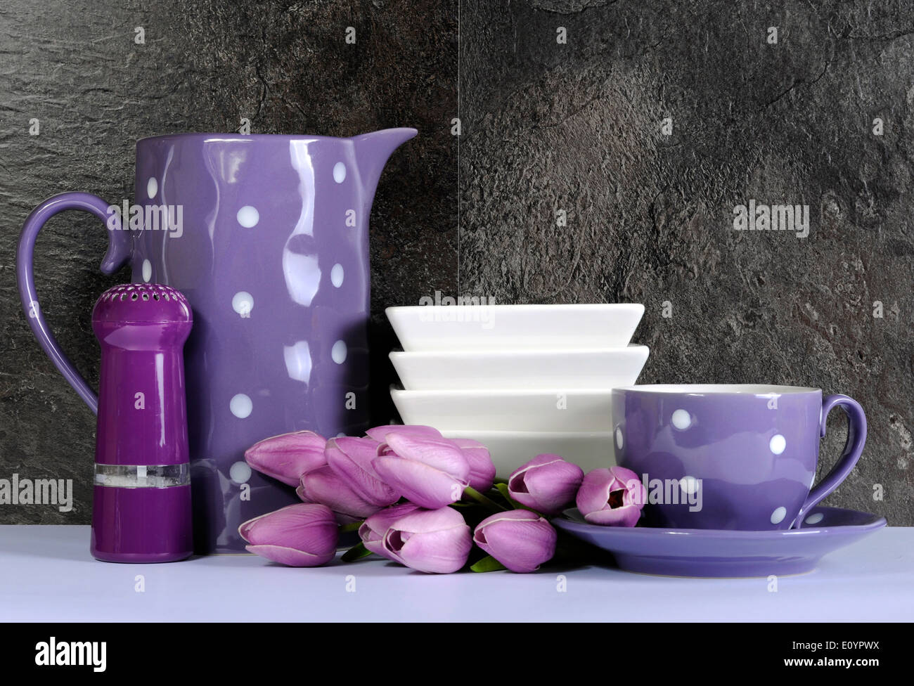 Modern Purple and White Polka Dot Kitchen with large platter plate
