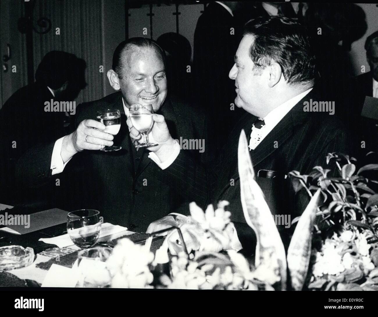 Mar. 03, 1971 - Wienerwald opens with Franz Josef Strauss. The new hotel of the international restaurant chain. Wienerwald in Feusisberg, Switzerland, has been opened with a great gala dinner. Guest of honor was the former West German minister of defense, Herr Franz Josef Strauss, right, seen here in company with the promoter of the Wienerwald empire, Herr Friedrich Jahn. Keystone Zurich 3-25-1971. Stock Photo