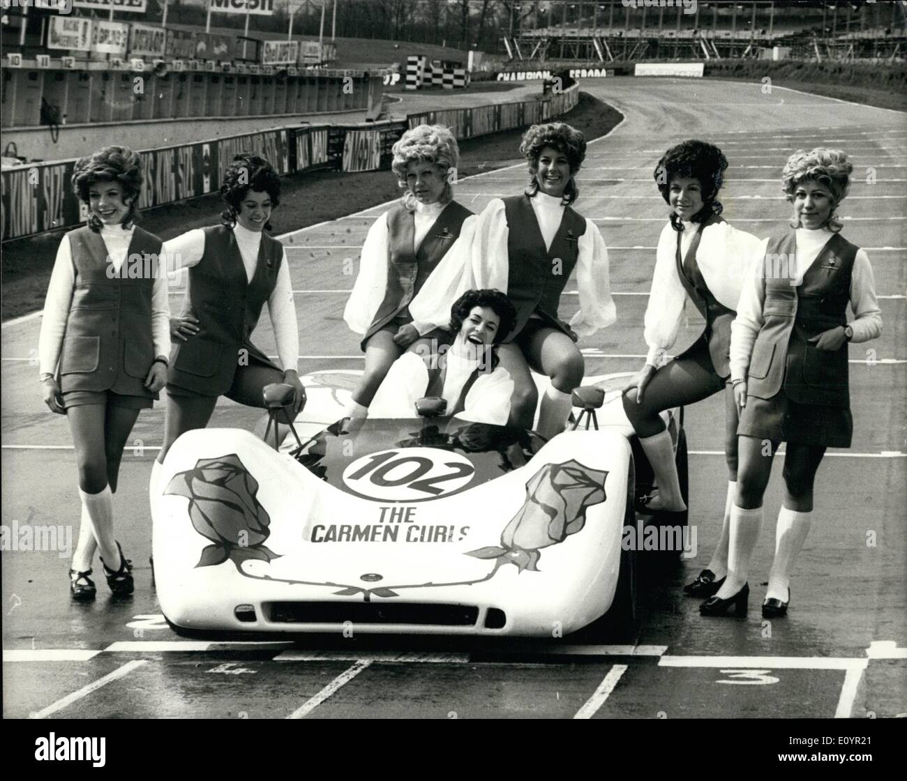 Mar. 03, 1971 - The 'Carmen Curis' The First All Girls Motor Racing Team: The house of Carmen, leaders is Beauty and Personal Care products are sponsoring a two-car racing team from Motor Racing Stables. Carmen, founded and directed by attractive, Petite Jackie Pressman are taking the woman's touch to a man's sport with a team of seven girls. Number one driver is blonde Gabriele Kosig, undoubtedly the best woman drive in Britain - She has 9 lap records and over 30 wins in her last two seasons Stock Photo