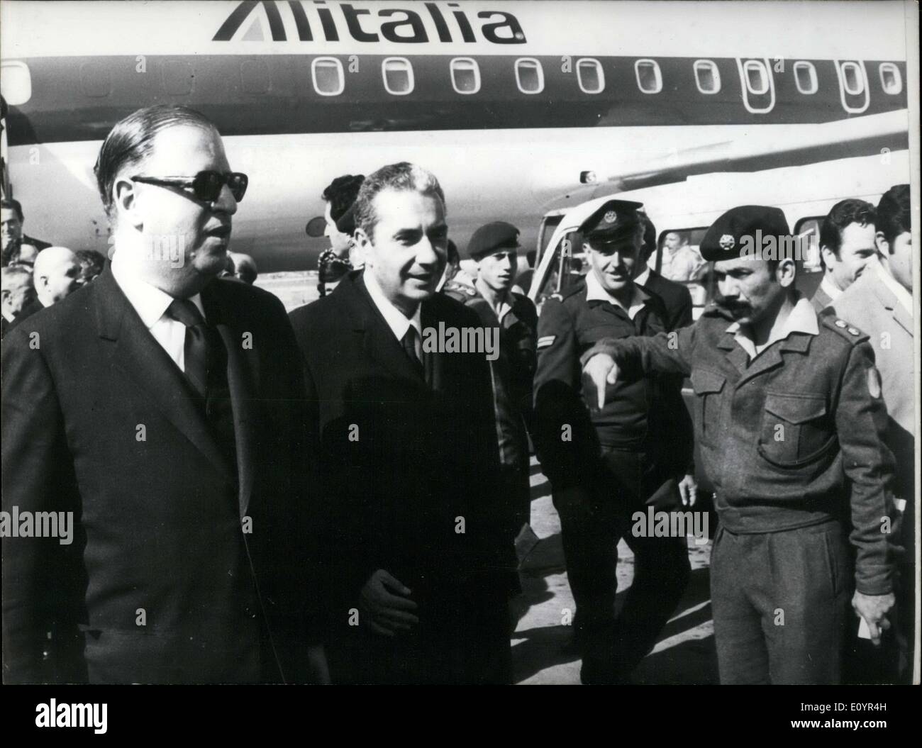 Mar. 09, 1971 - For the first time, Italy's Minister of Foreign Affairs, Mr. Aldo Moro, was received in Israel. Mr. Aldo Moro ad Mr. Abba Eban, his Israeli counterpart (left) are pictured at the Lod airport. Stock Photo