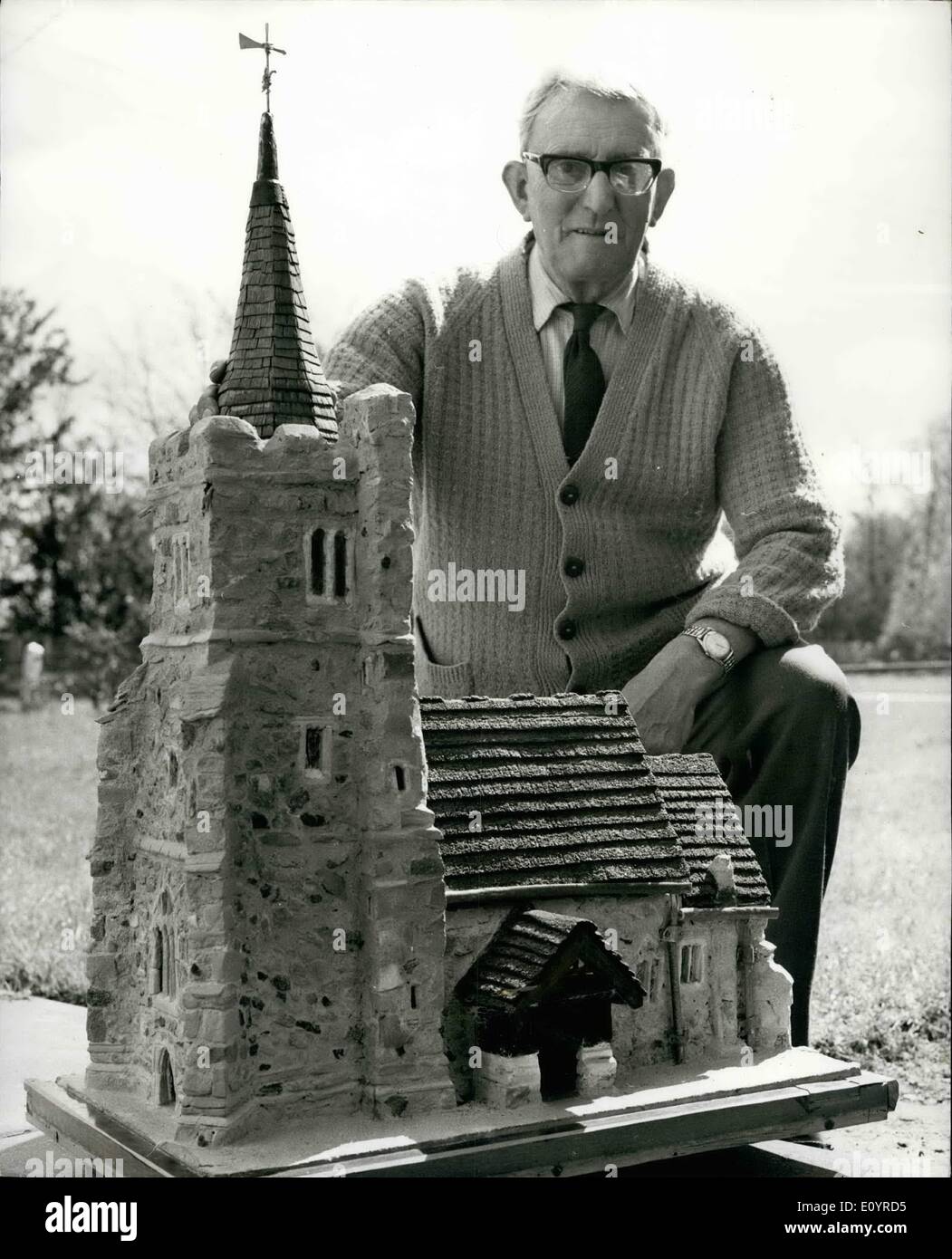 Apr. 04, 1971 - Model Church made form the war time stone from the bombed House of Commons: A model of a church has been made from stone taken from the Houses of Common which was bombed during world war two. the builder 10 Ted Truss who likes to do thing in a small way. But he gets big idears like shaping an exact stone replica of Little Wakering Church, Essex/ The result , as you can see, is a tiny marvel. The model is three feet high and aven has a font, pulpit, altar and rowa of pews inside Stock Photo