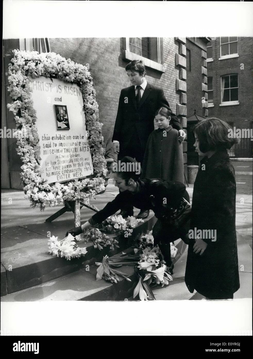 Apr. 04, 1971 - A tribute to the composer Igor Stravinsky photo shows Atribute yesterday to the composer Igor Stravinsky, who died last week at the age of 88)from Mryon Lane, the ballet dancer, outside St. Paul's church, cevent garden, built originally about 1631 by Inigo Jones and in whose churchyard lie the remains of Dr. Thomas Arne, who composed ''Rule Britannia''. looking on is miss lane's husband, the dancer David Blair, and their twin daughters, Catherine and Diana, 13. Stock Photo