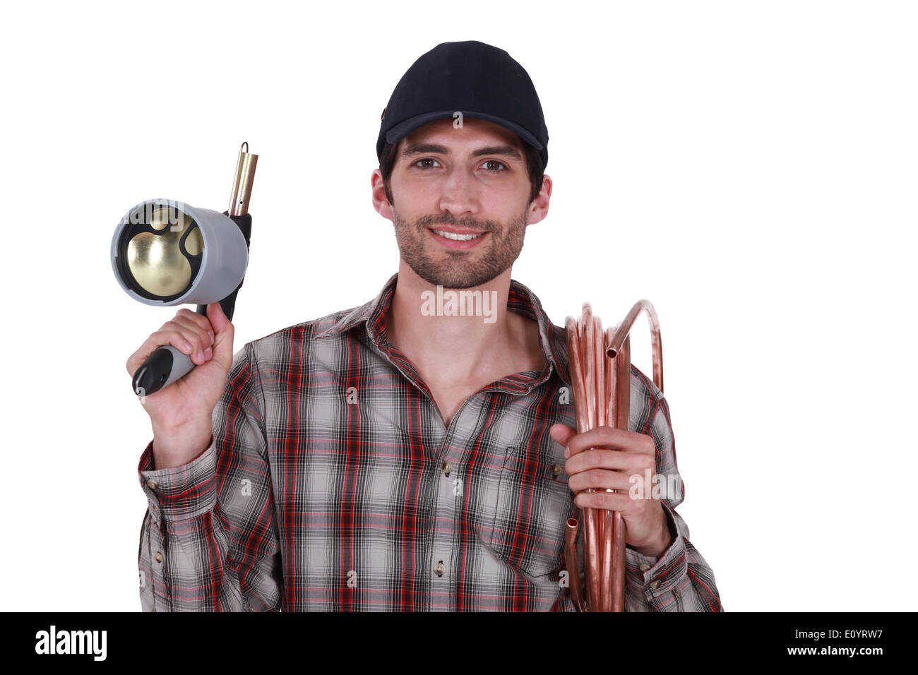 Plumber with blowtorch and copper pipe Stock Photo Alamy