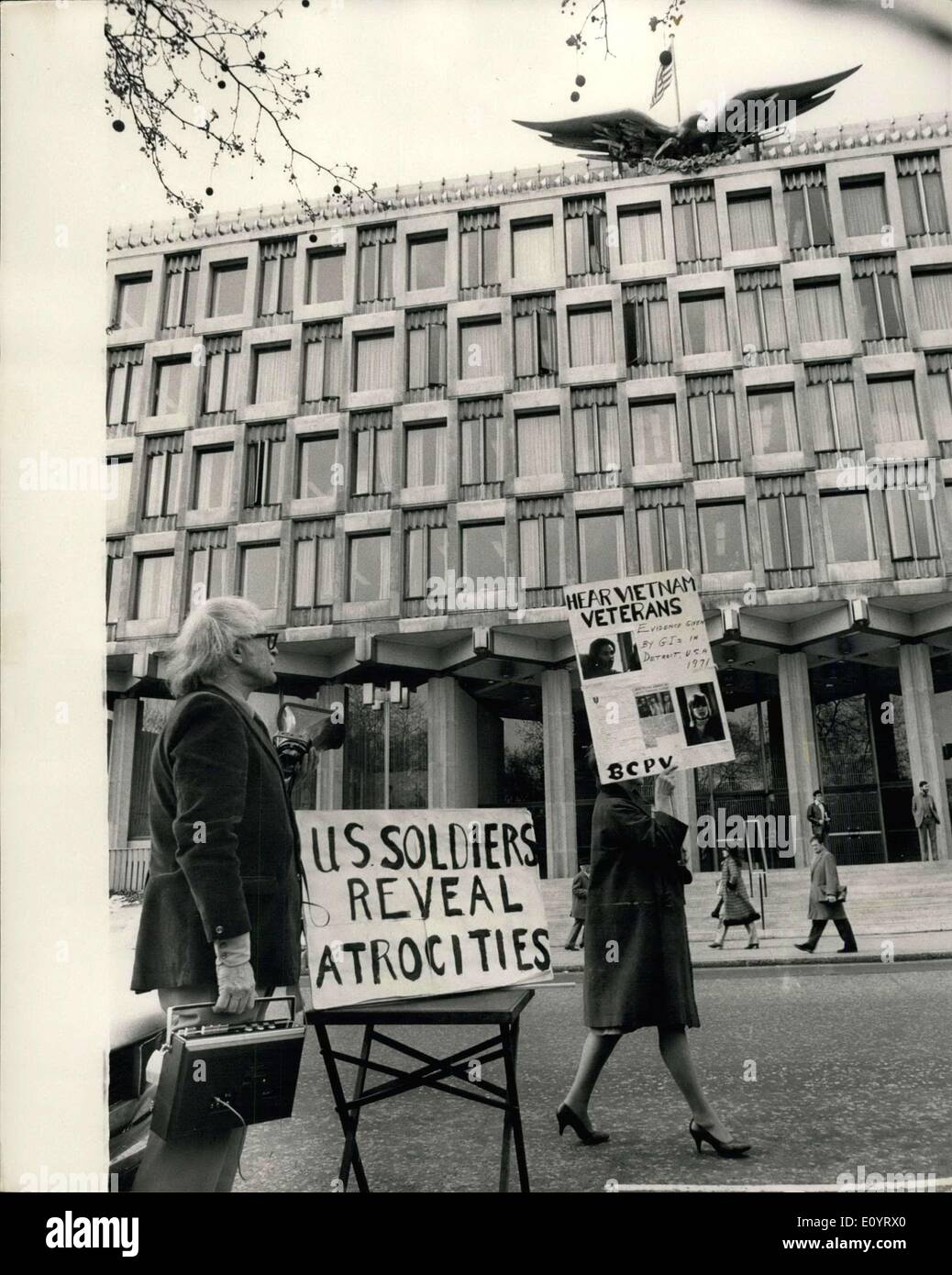 Apr. 29, 1971 - April 29th. 1971 American in Britain who oppose the Vietnam War demonstrate with loudspeakers outside American Embassy. Americans in Britain, known as Group 68, who oppose the Vietnam War, met outside the American Embassy in Grosvenor Square today to play, over loudspeakers, tapes of some of the statements made in Washington recently by army veterans who also oppose the war. Photo Shows: Heinz Norden, chairman of Group 68, pictured with his tape recorder and loudspeaker as he made the protest with other members of the group outside the American Embassy in London today Stock Photo