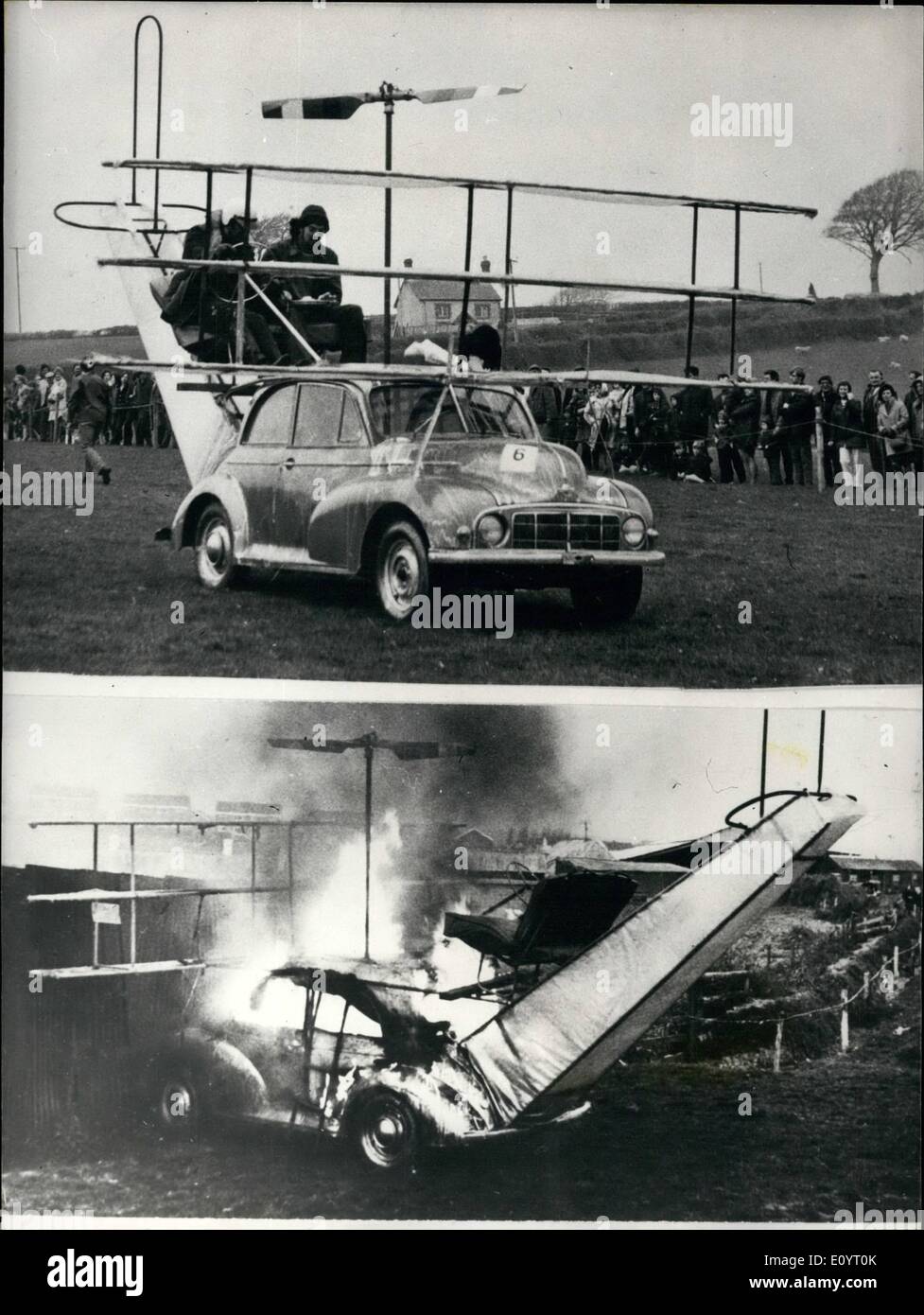 May 05, 1971 - The Take-Off Was Alright.... Two dozen entries of 'magnificent men in their flying machines'' lined up for a contest to find the best flying machine in Devon - as part of the North Devon town of Torrington's Carnival Week. All sorts of ingenious apparatus was line up but few efforts got off the ground. Seconds after 'take-off' (seen above), Bert Hayes's Morris-driven 'Concorde' crashed into a wooden and metal shack and burst into flames (below). To the relief of the thousands of spectators, no one was hurt. Stock Photo