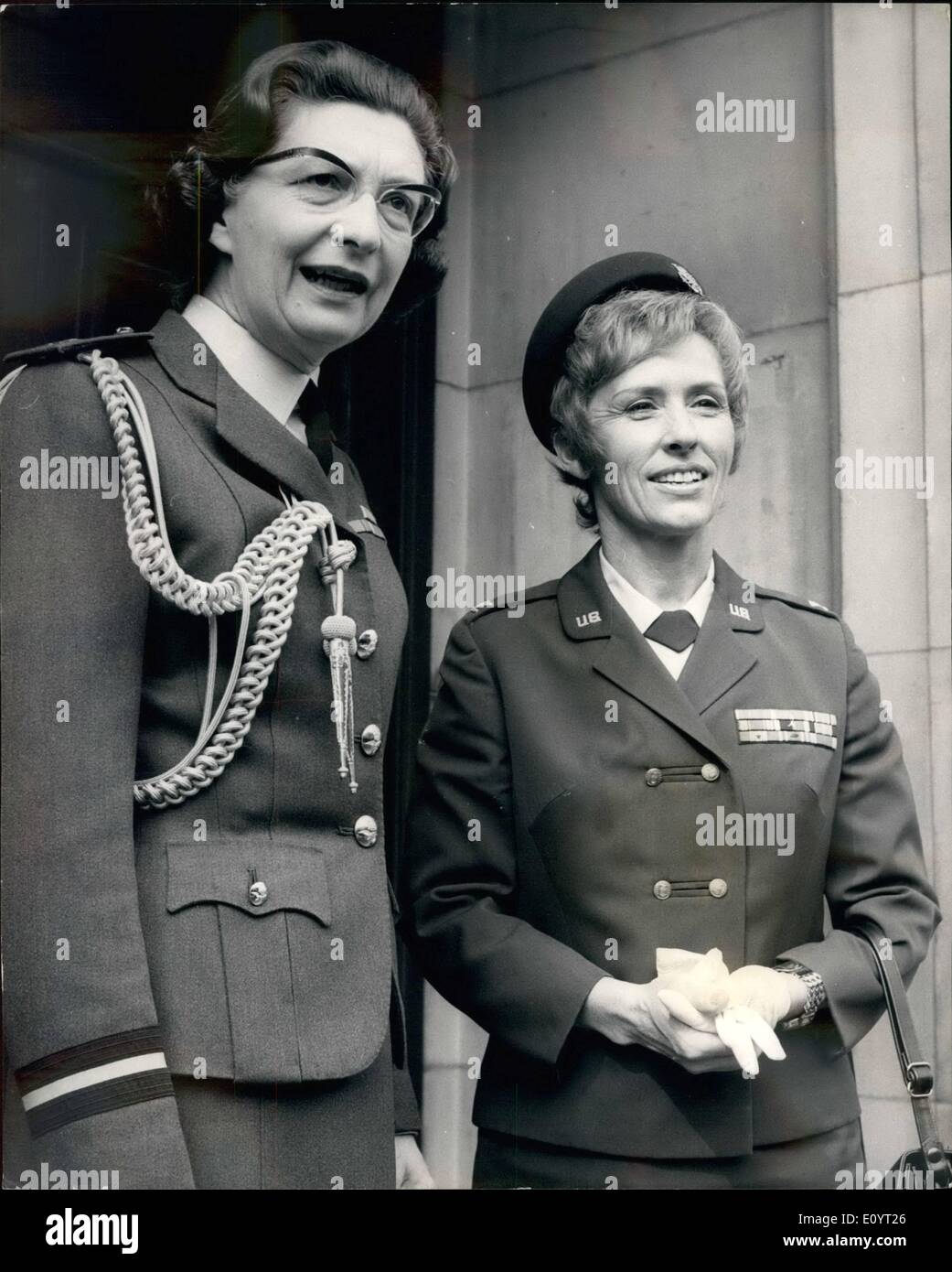 May 05, 1971 - Colonel Jeanne M. Holm, Director Of Women In the Air Force (USAF) Meets Her British Counterpart. Colonel Jeanne M. Holm, Director of women in the Air Force (USAF) in in London paying a courtesy visit to her British counterpart, Air commodore Philippa F. Marshall, Director women's Royal Air Force. Photo Shows: Air Commodore Philipa F. Marshall, Director women's Royal air Force (on left) pictured today with Colonel Jeanne M. Holm Director of women in the Air Force (USAF), at Adastral House, Theobalds road, London. Stock Photo