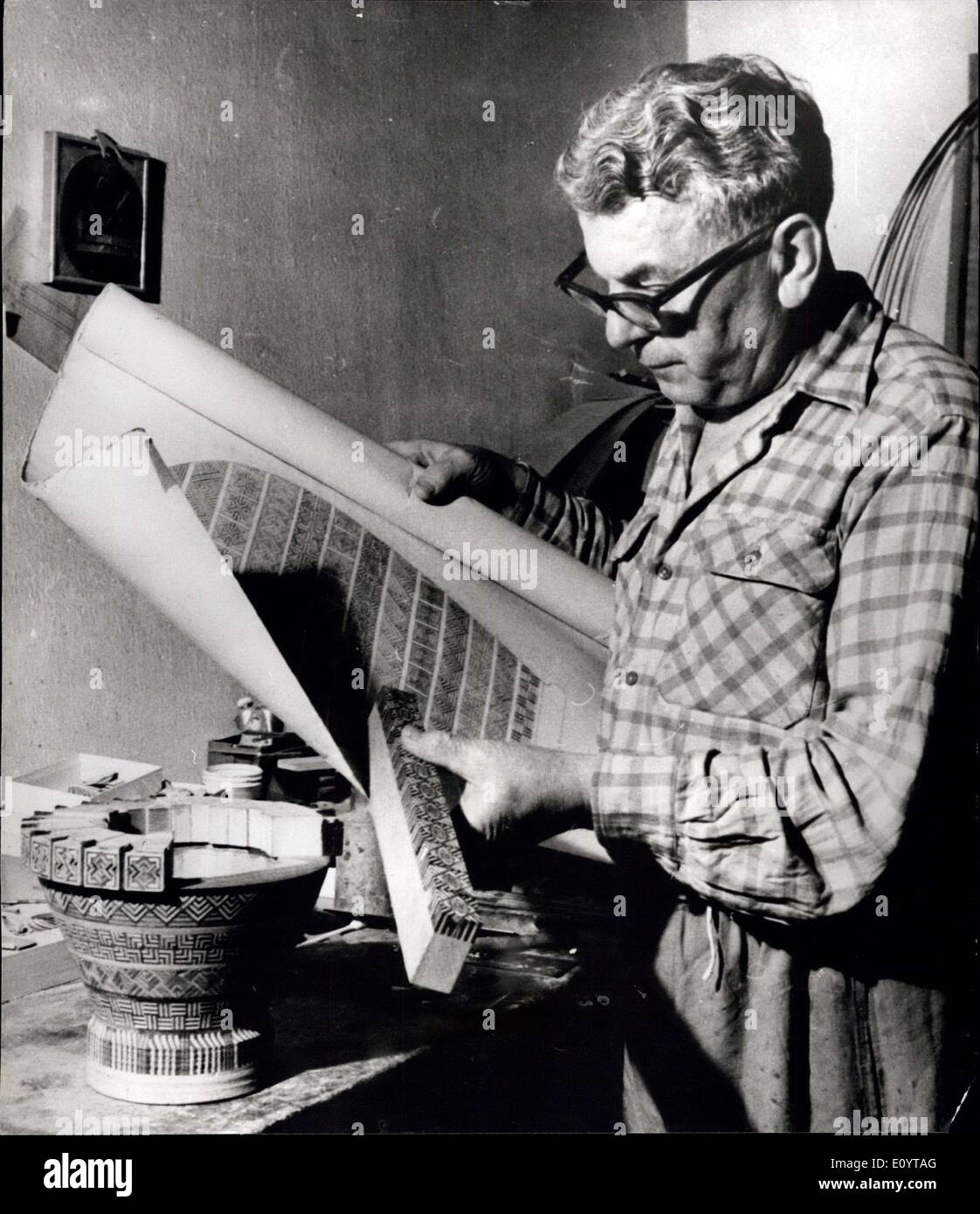 May 11, 1971 - A retired Czech joiner with an unusual hobby: Jan Vavra, a retired joiner from Novy Jicin, North Moravia, who worked in the pattern shop of the Tatra Automobile Works at Koprivince for many years, has another interesting hobby. His love of wood and his desire to create something individual, was the origin of his present skill and craftsmanship. From different species of wood he makes things such as vases, dishes, candlesticks, bracelets, writing sets ans so on Stock Photo