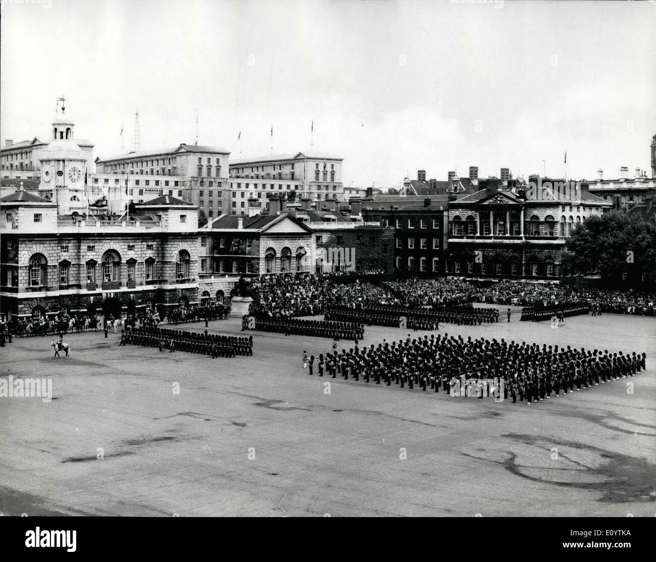 Jun. 06, 1971 - THE QUEEN TAKES THE SALUTE AT THE TROOPING THE COLOUR CEREMONY To mark her official birthday the QUEEN today took the salute at the Trooping the Colour ceremony, trooped by the 2nd Battalion Grenadier Guards on Horse Guards Parade. PHOTO SHOWS: A general view of the ceremony on Horse Guards Parade as the QUEEN 9background) takes the salute during the march past of tha Guards, Stock Photo