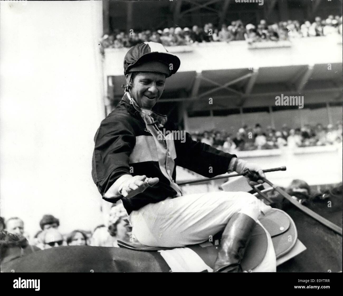 Jun. 06, 1971 - Mill Reef wins the derby smile from the victorious Jockey: Keystone Photo shows Geoff Lewis is all smiles after Stock Photo