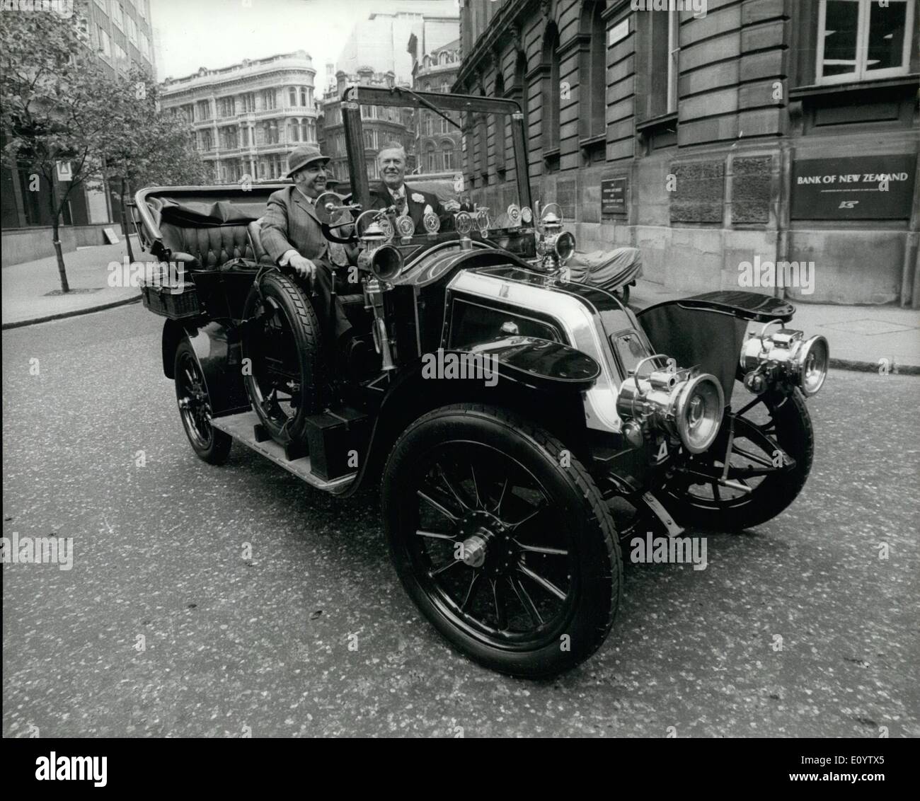 Jun. 06, 1971 - Veteran car trip for Lord mayor.; the Lord mayor of London, Sir Peter Studd, going for a drive ''round the block'' at mansion House yesterday in a 1904 Renault Park Phaeton driven by Mr. M. D. Tuckfield, who of awards proceeded to Manchester for Sunday's ninth Veteran and Vintage car run to Blockpool.The Automobile Association's entry, the car will be used by Mr. Leonard Kimber,24, and Miss margaret Carlin,21, a student nurse, for their wedding at Sandbach, Chesshire, on Saturday. They will also drive the car (Reg. no Stock Photo