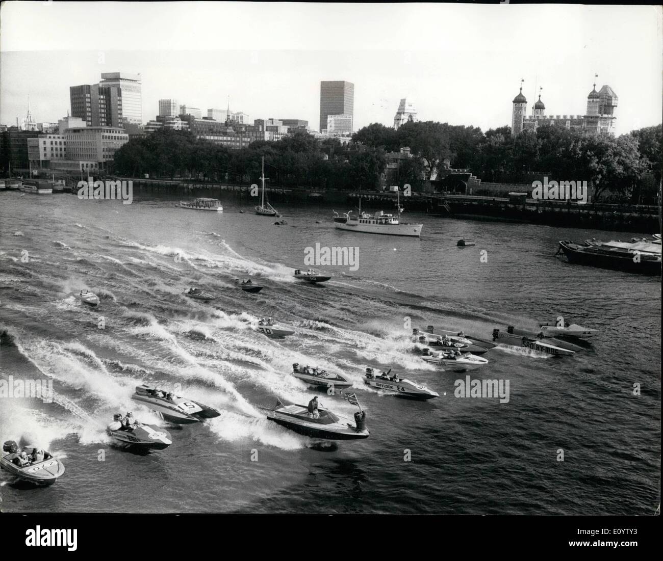 Jun. 06, 1971 - Rough Water Shortens Putney Calais Power Boat Race. The scene as power boats set off opposite the Tower of London yesterday for the scheduled Putney Calais race yesterday. Because of bad weather the course was reduced, to Ramsgate and back to Putney. Stock Photo